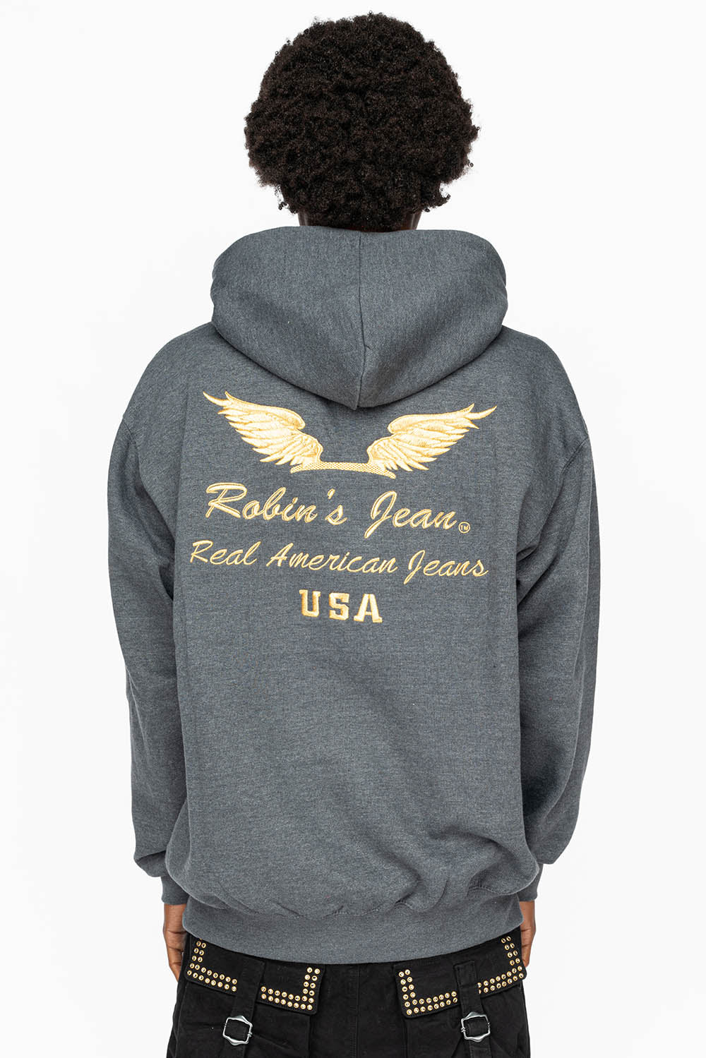 PULLOVER HOODIE IN DARK HEATHER  WITH GOLD WINGS EMBROIDERY - Image 6