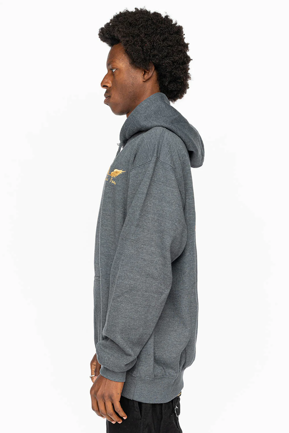 PULLOVER HOODIE IN DARK HEATHER  WITH GOLD WINGS EMBROIDERY - Image 7