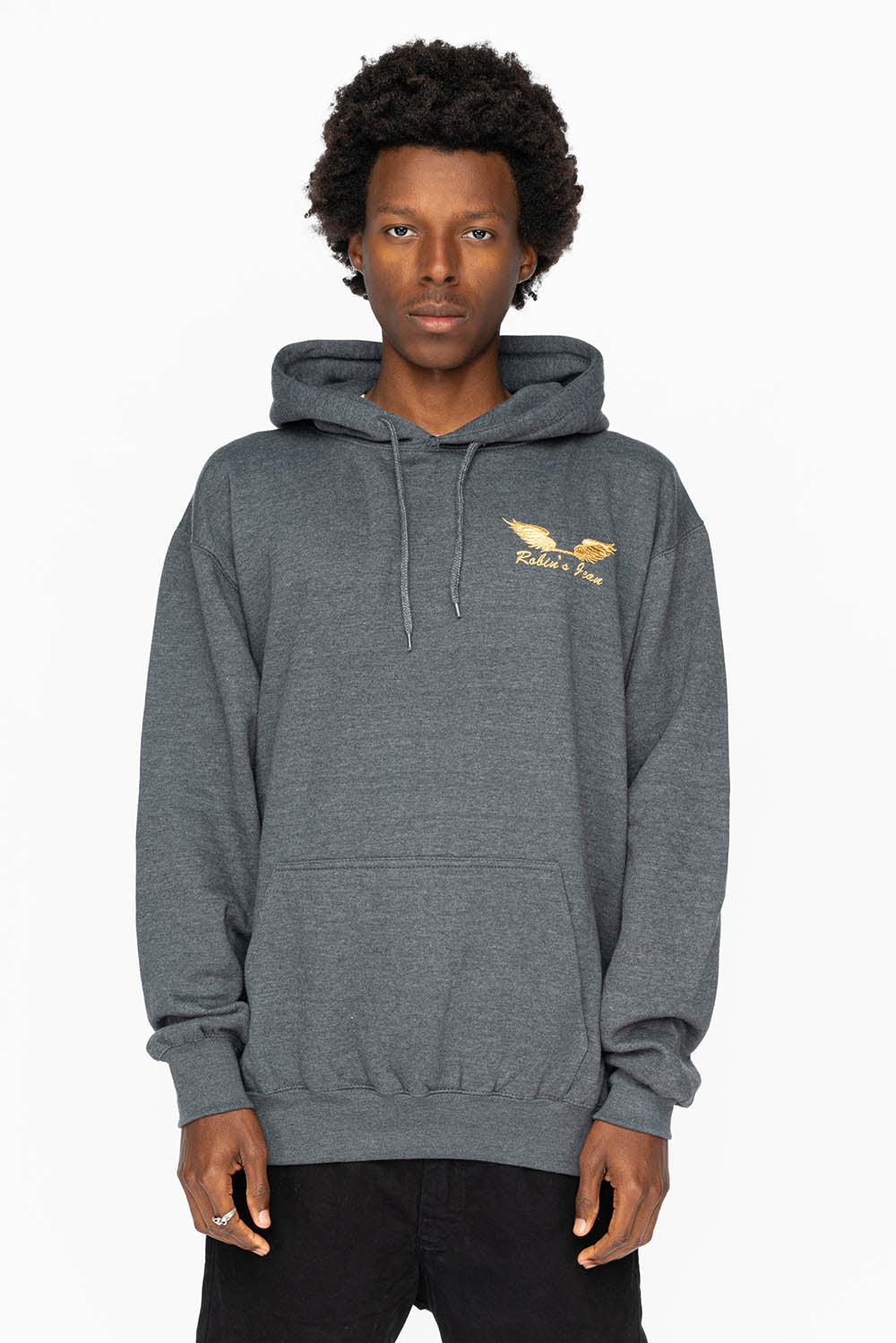 PULLOVER HOODIE IN DARK HEATHER  WITH GOLD WINGS EMBROIDERY - Image 8