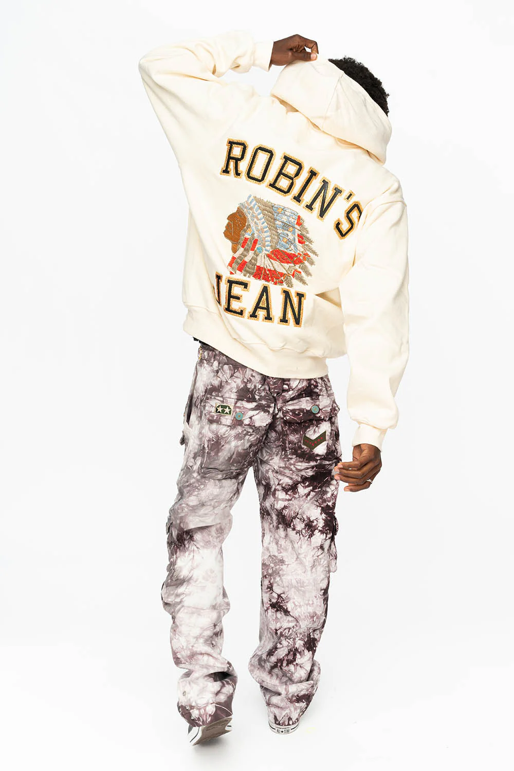 ROBIN’S HEAVY WEIGHT  NATIVE AMERICAN CHIEF PULLOVER HOODIE IN CREAM - Image 4