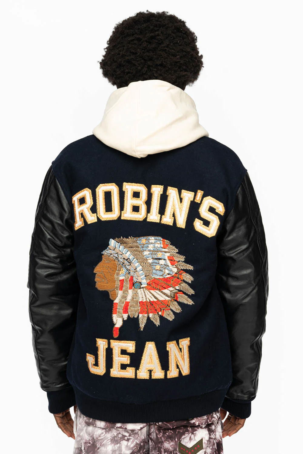 ROBIN’S WOOL & LEATHER VARSITY BOMBER JACKET IN NAVY/BLACK - Image 3