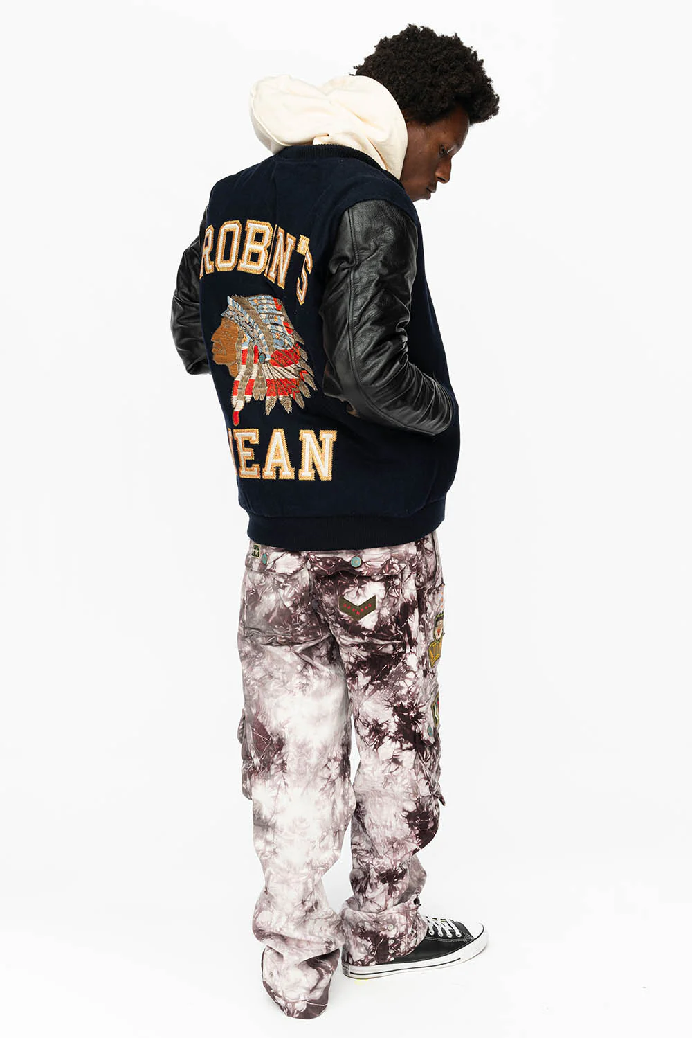 ROBIN’S WOOL & LEATHER VARSITY BOMBER JACKET IN NAVY/BLACK - Image 5