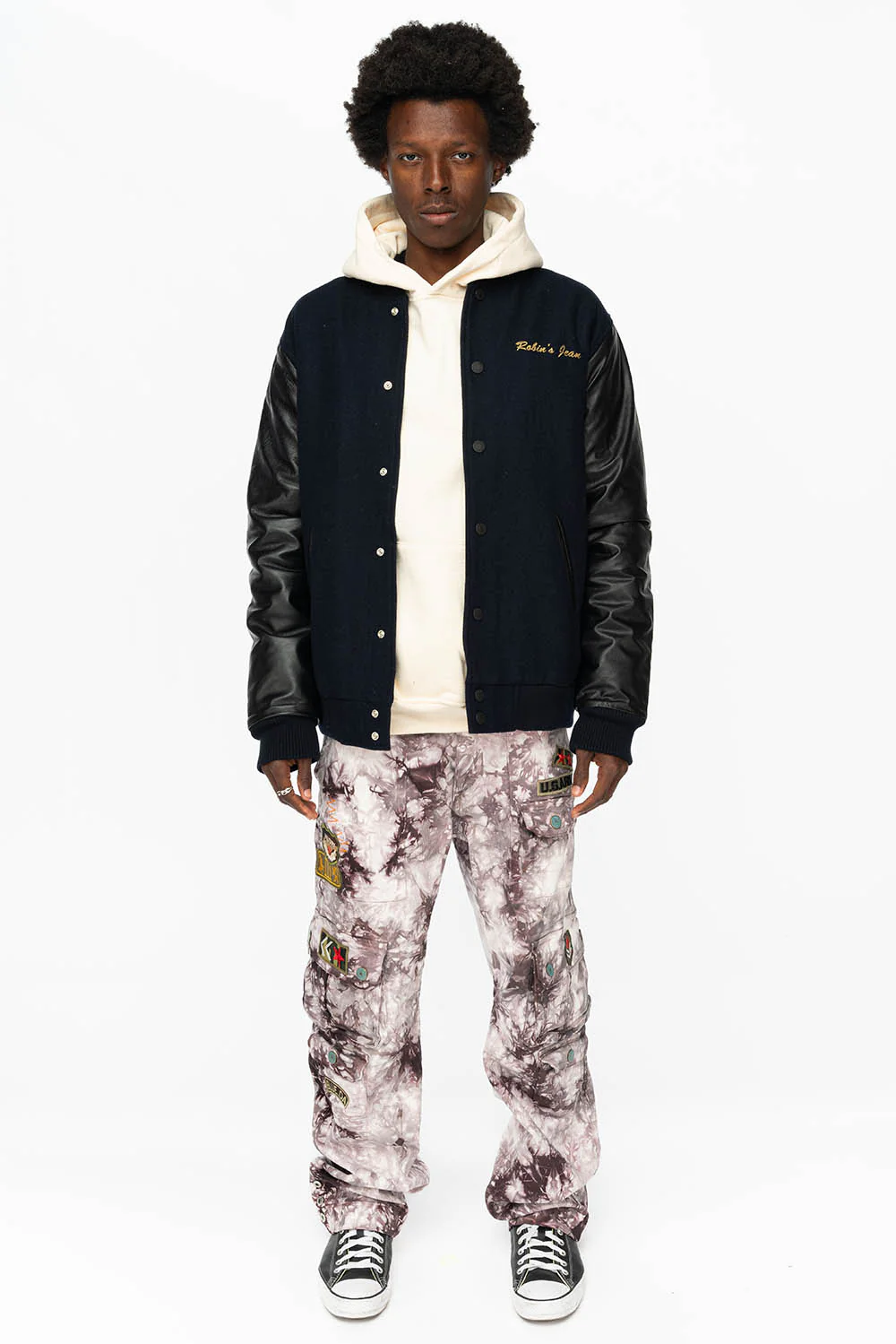 ROBIN’S WOOL & LEATHER VARSITY BOMBER JACKET IN NAVY/BLACK - Image 8