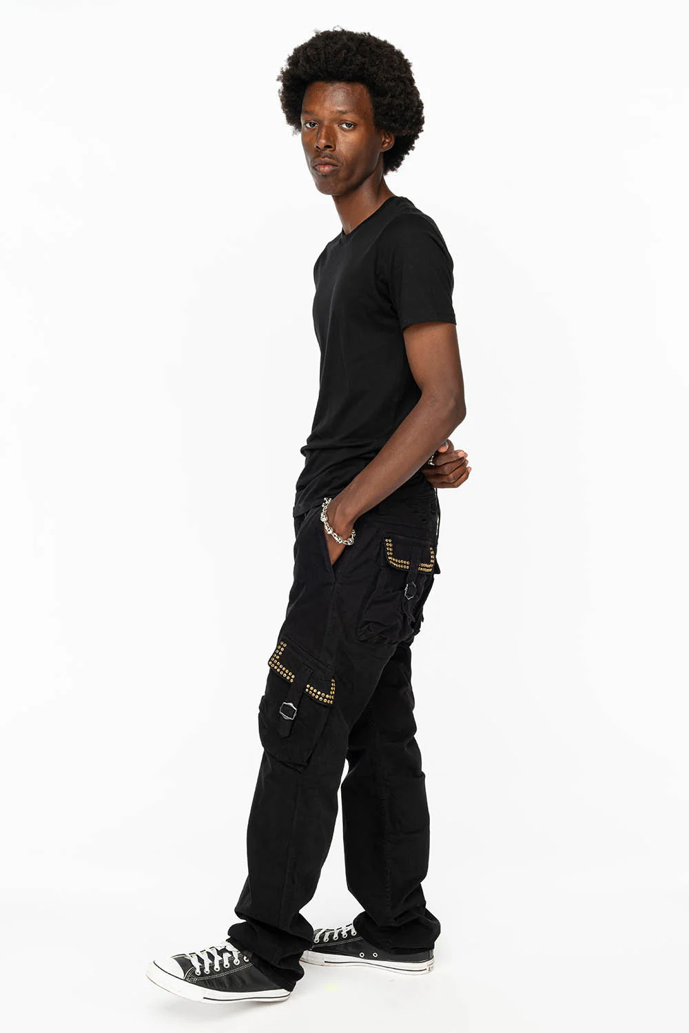 ROBINS NEW MILITARY STYLE CARGO PANTS IN BLACK WITH BLK DIAMOND CRYSTALS - Image 4