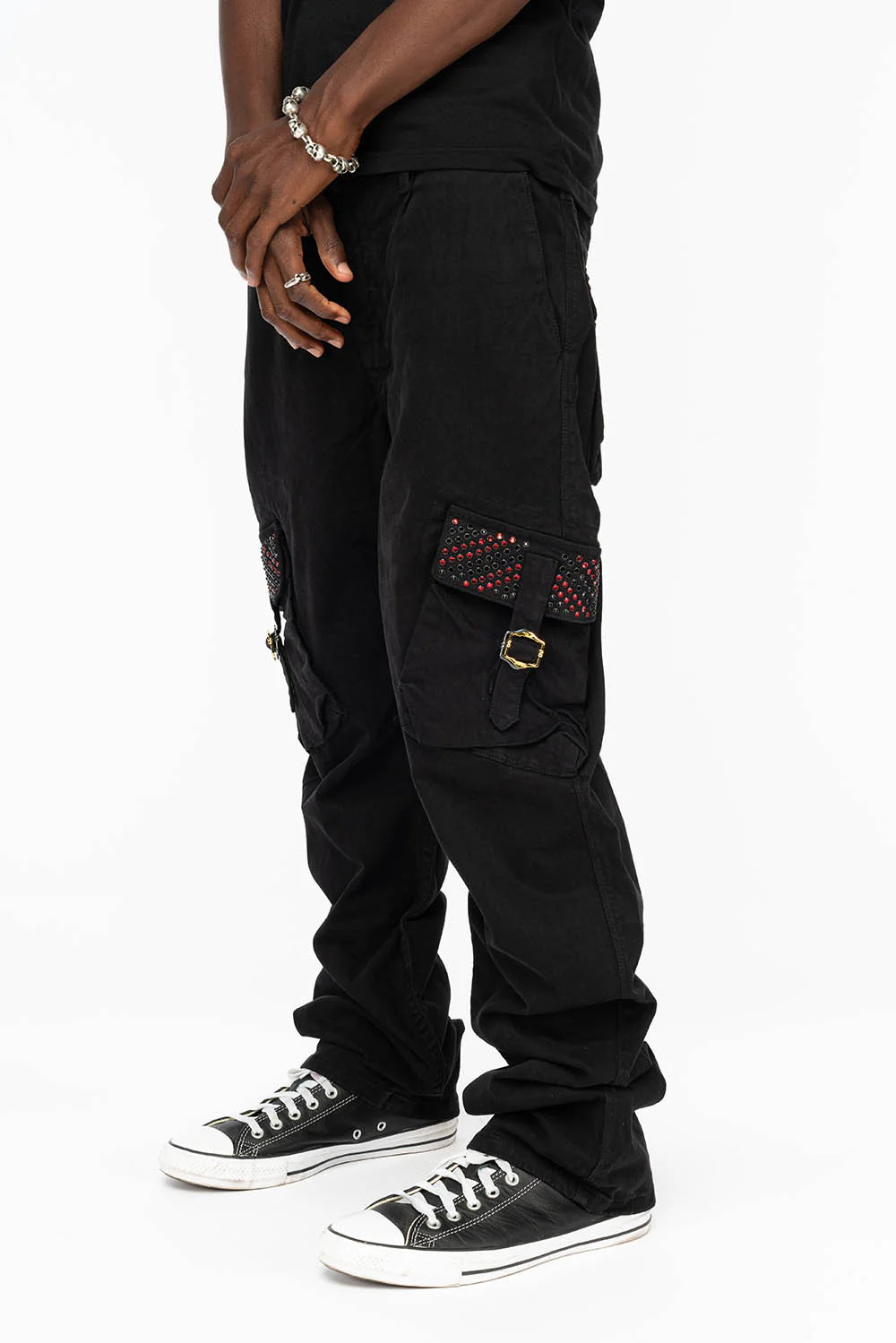 ROBINS NEW MILITARY STYLE CARGO PANTS IN BLACK WITH JET BLACK AND RED CRYSTALS - Image 3