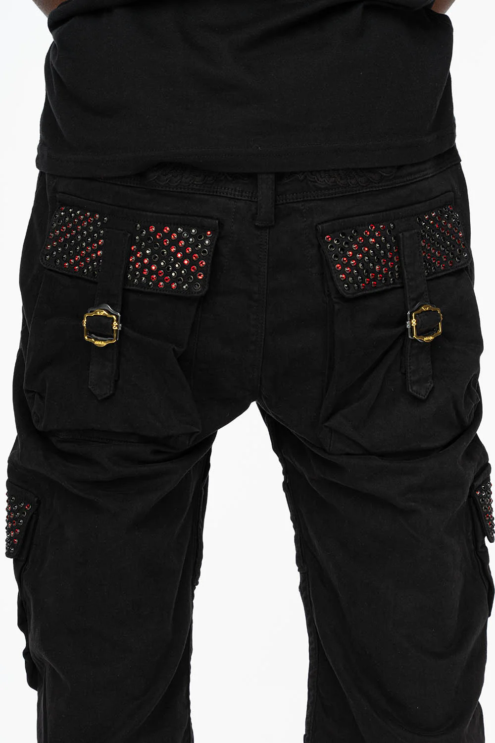 ROBINS NEW MILITARY STYLE CARGO PANTS IN BLACK WITH JET BLACK AND RED CRYSTALS - Image 4