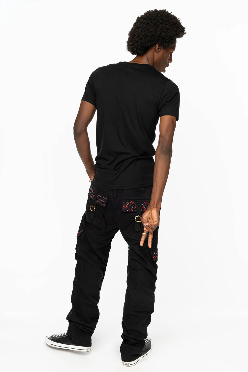 ROBINS NEW MILITARY STYLE CARGO PANTS IN BLACK WITH JET BLACK AND RED CRYSTALS - Image 5