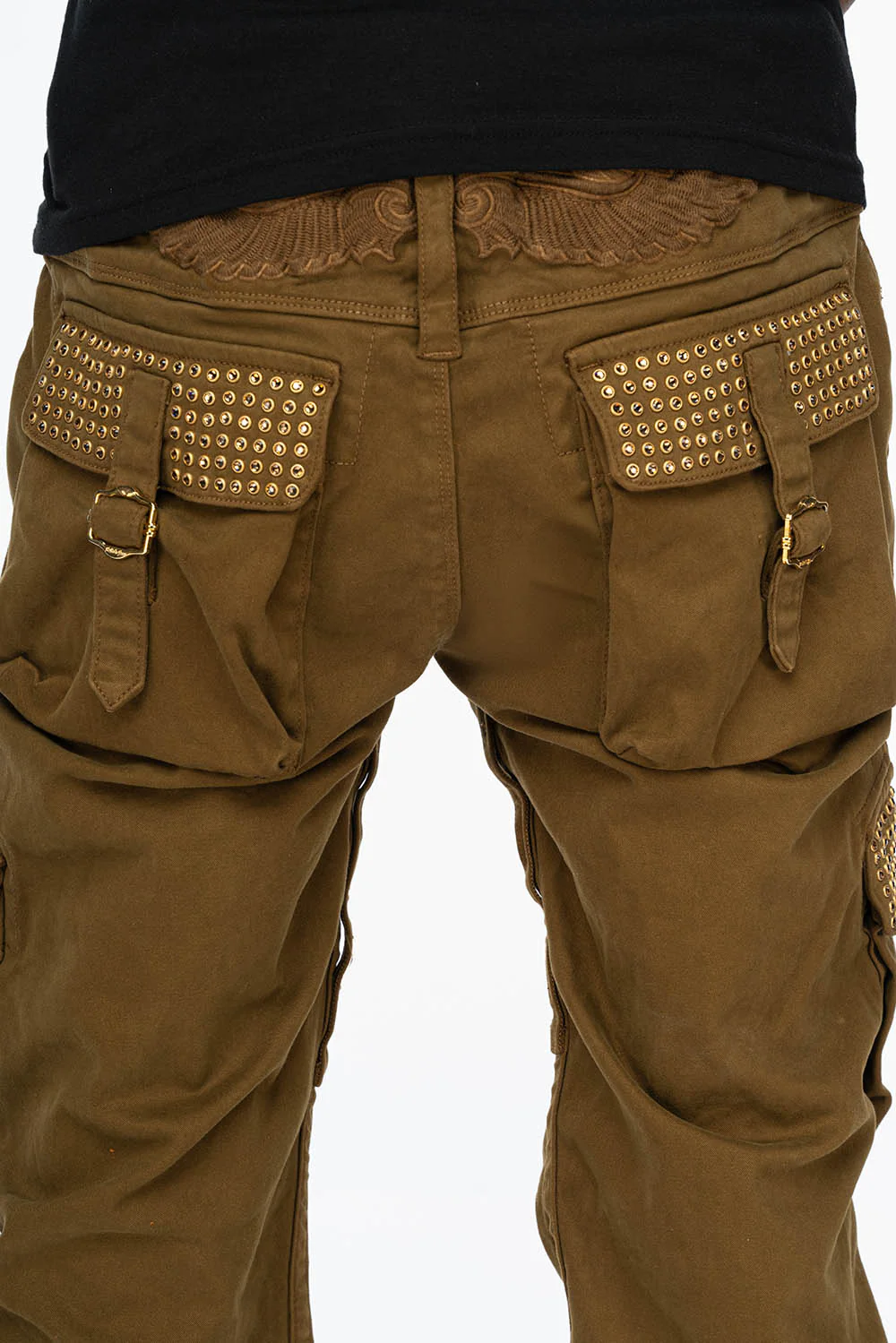 ROBINS NEW MILITARY STYLE CARGO PANTS IN OLIVE WITH SMOKY TOPAZ CRYSTALS - Image 4