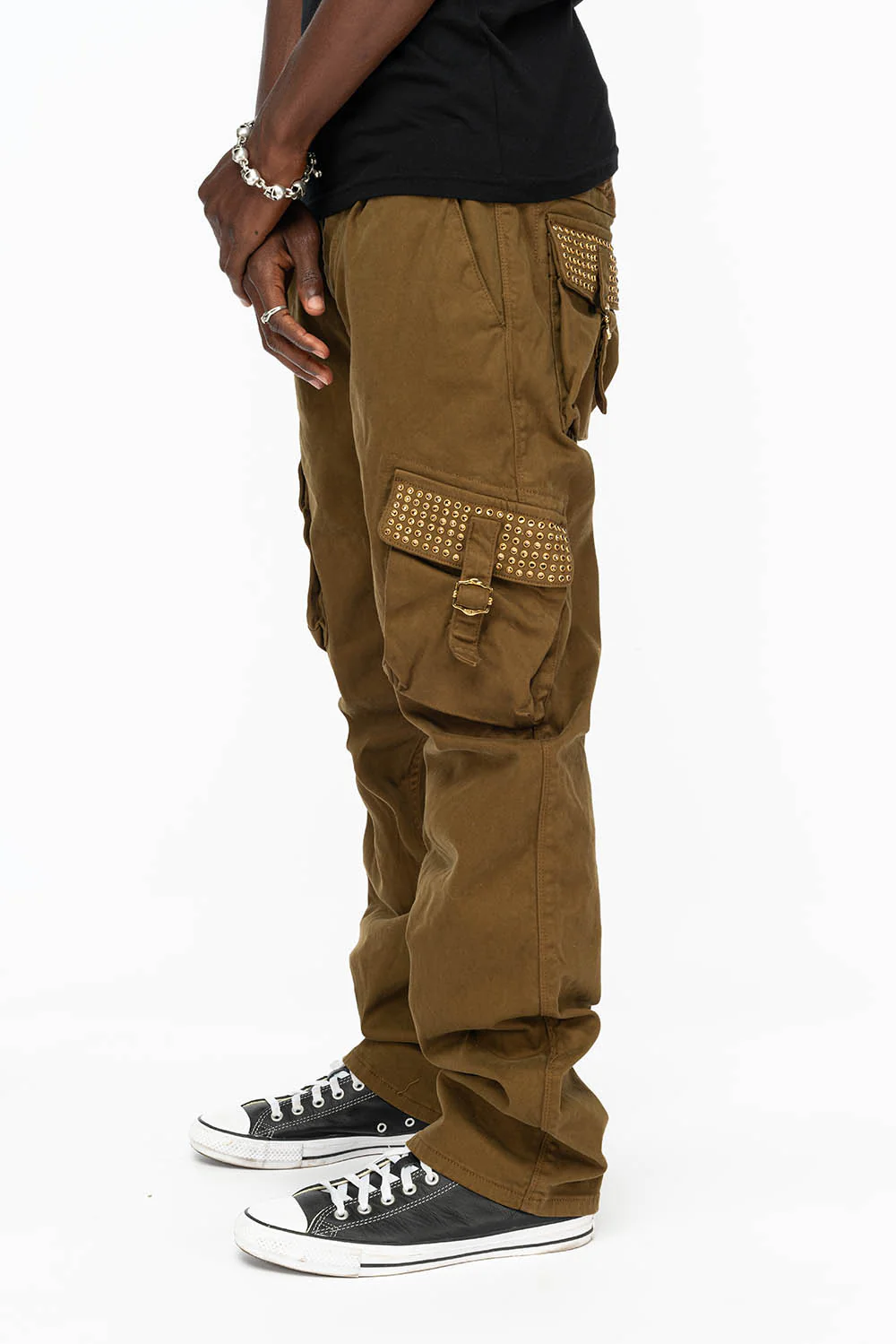 ROBINS NEW MILITARY STYLE CARGO PANTS IN OLIVE WITH SMOKY TOPAZ CRYSTALS - Image 6