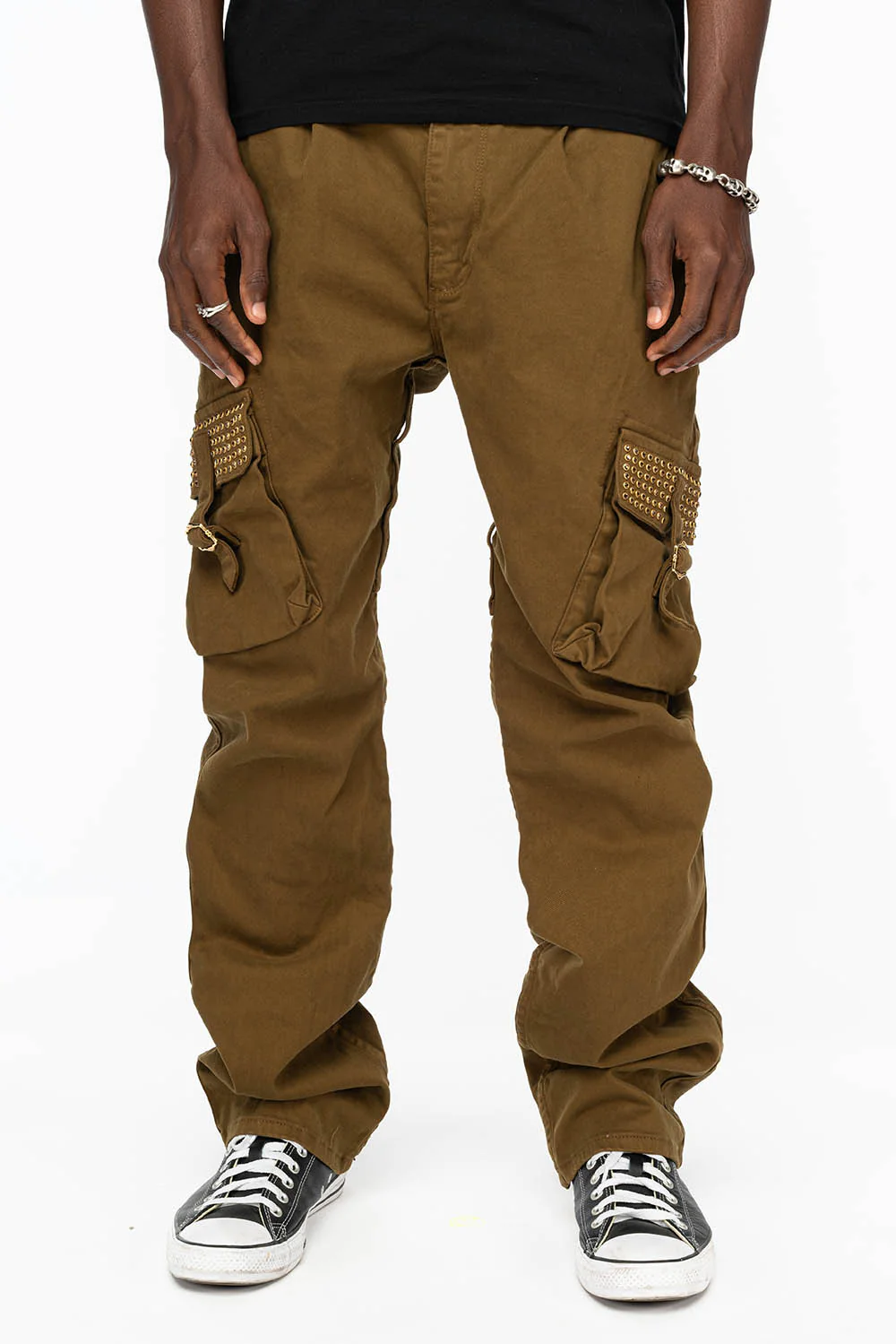 ROBINS NEW MILITARY STYLE CARGO PANTS IN OLIVE WITH SMOKY TOPAZ CRYSTALS - Image 7