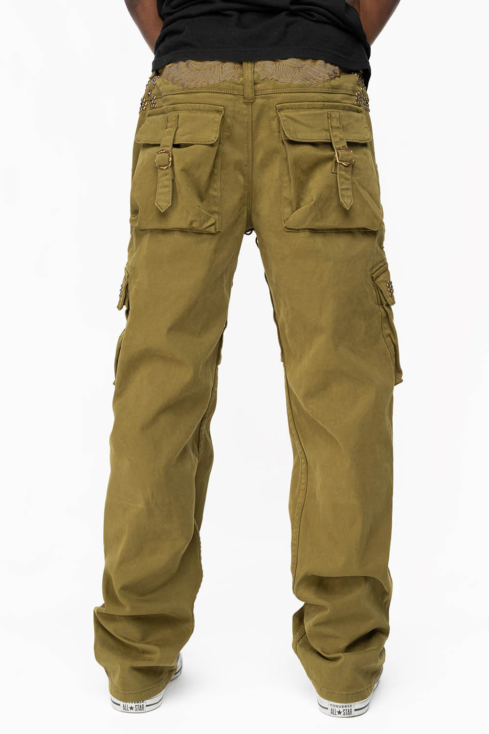 ROBINS NEW MILITARY STYLE CARGO PANTS IN OLIVE WITH WESTERN CRYSTAL MOTIF - Image 3