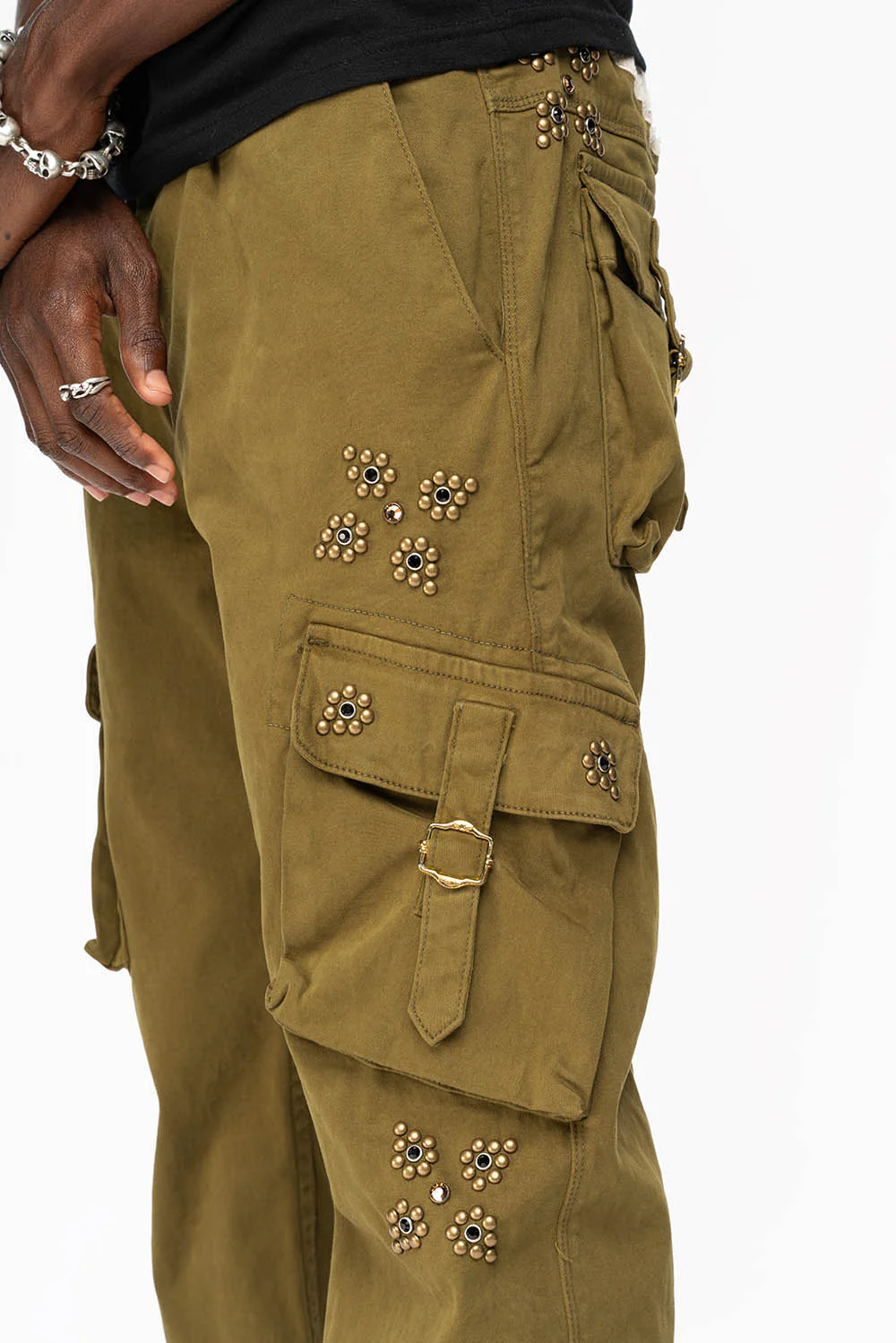 ROBINS NEW MILITARY STYLE CARGO PANTS IN OLIVE WITH WESTERN CRYSTAL MOTIF - Image 4