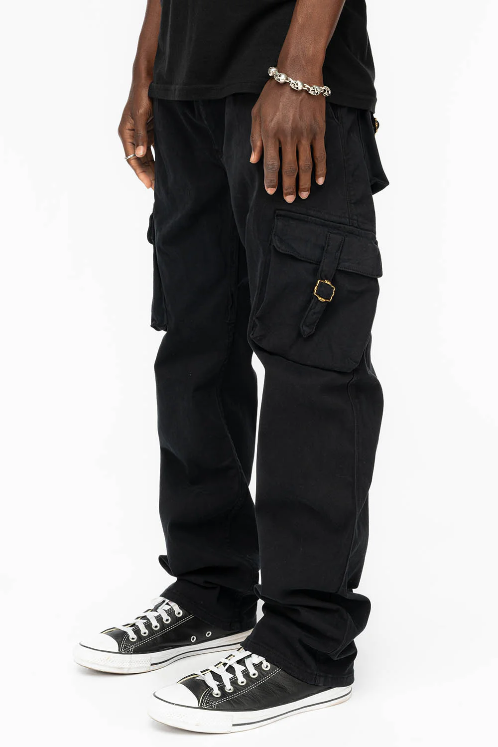 ROBINS NEW MILITARY STYLE CARGO PANTS IN  PURE BLACK WITH WHITE EMBROIDERY - Image 3