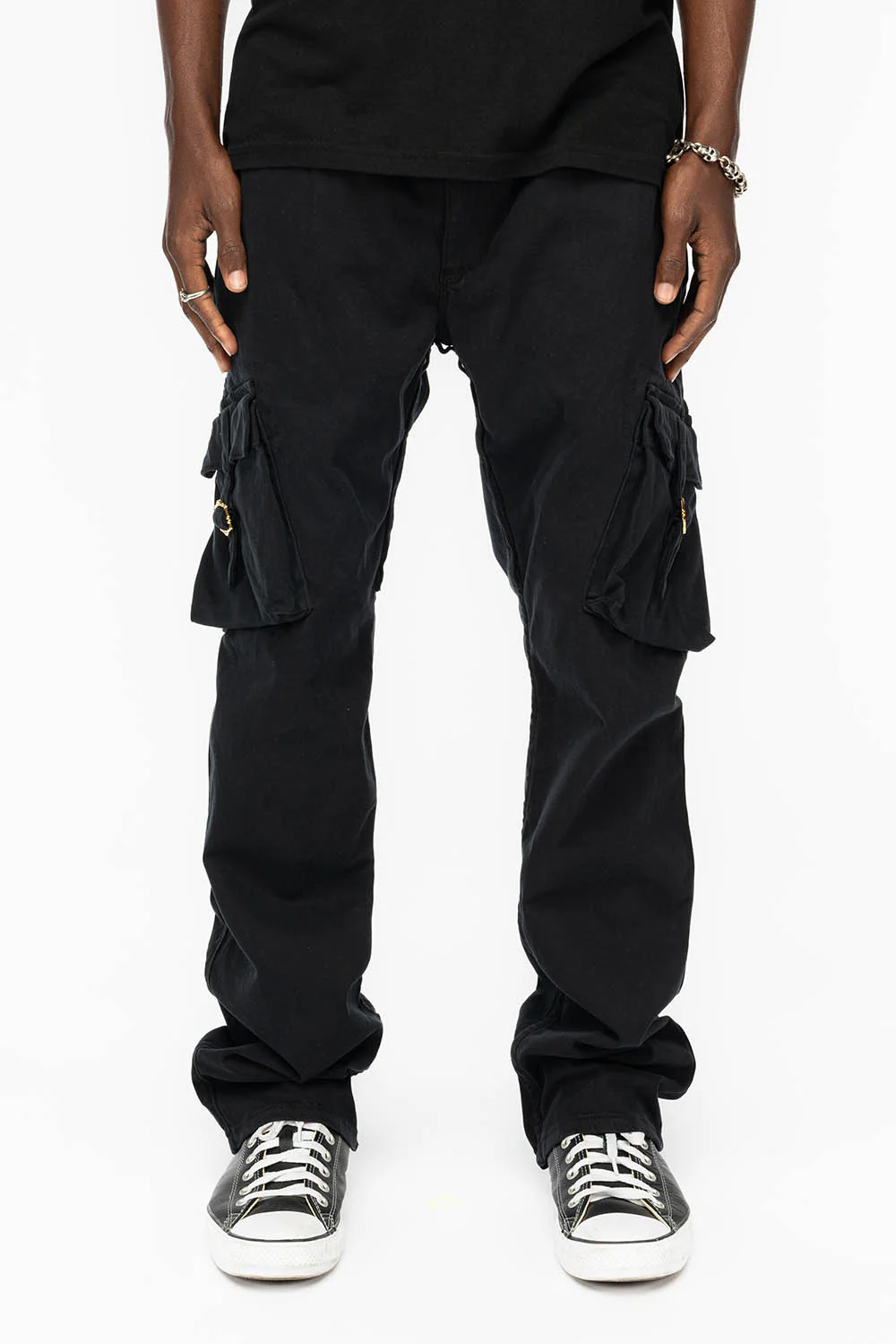 ROBINS NEW MILITARY STYLE CARGO PANTS IN  PURE BLACK WITH WHITE EMBROIDERY - Image 4