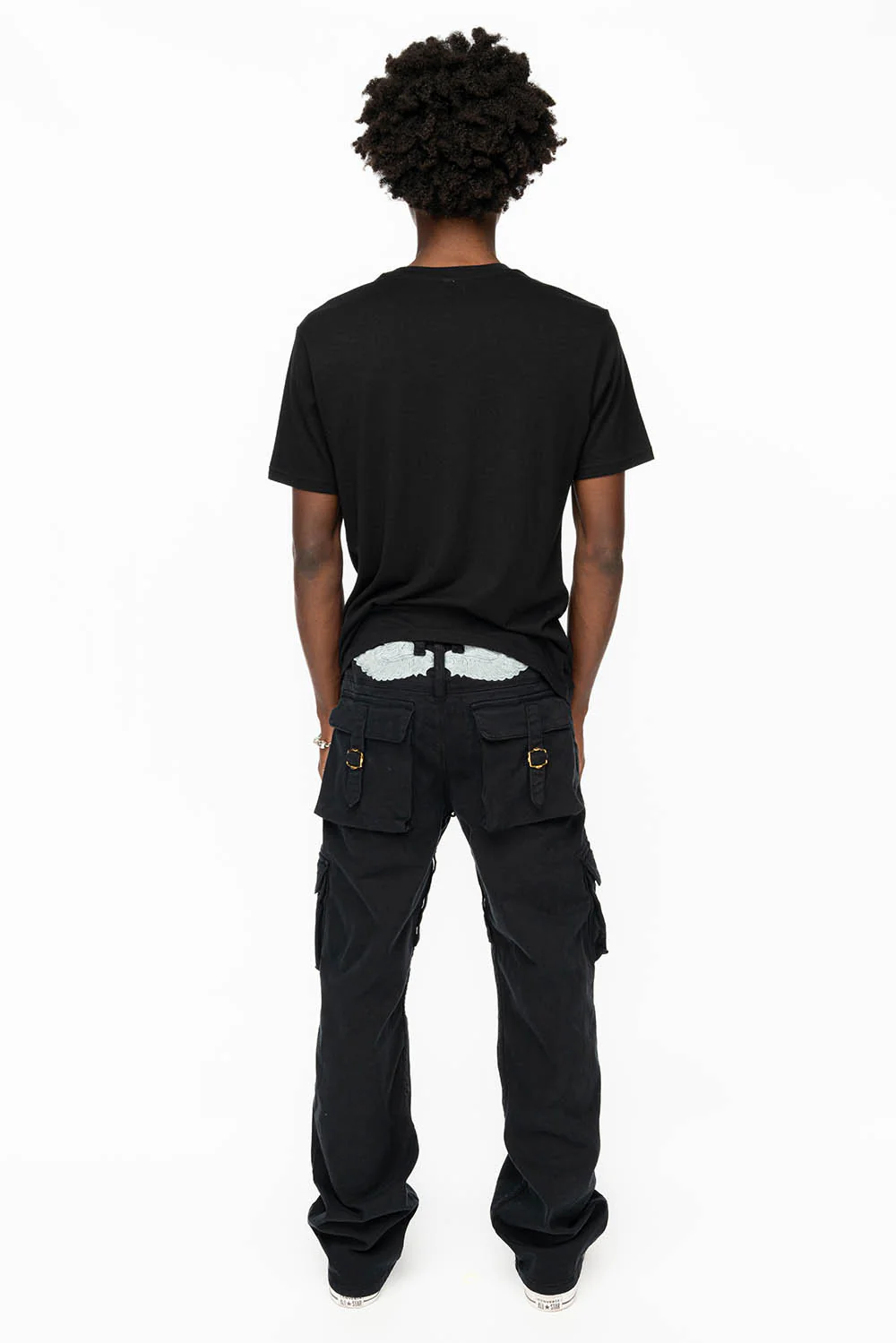 ROBINS NEW MILITARY STYLE CARGO PANTS IN  PURE BLACK WITH WHITE EMBROIDERY - Image 5