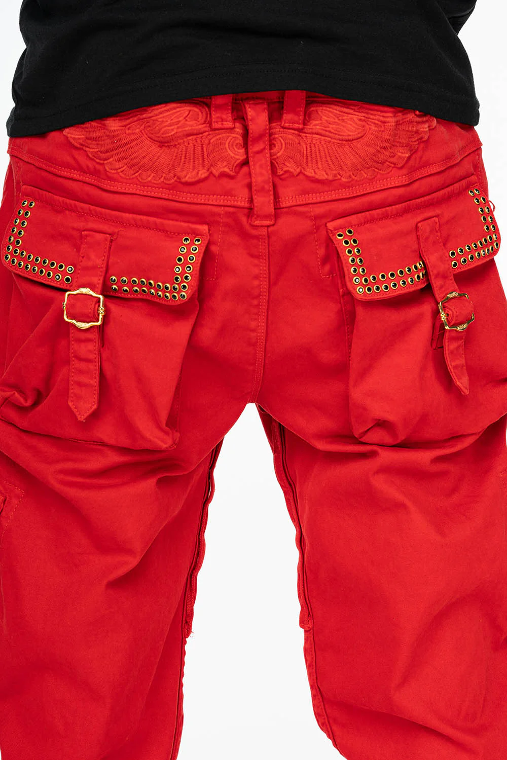 ROBINS NEW MILITARY STYLE CARGO PANTS IN RED WITH JET BLK CRYSTALS - Image 5