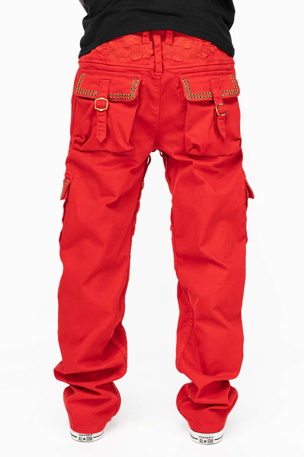 ROBINS NEW MILITARY STYLE CARGO PANTS IN RED WITH JET BLK CRYSTALS - Image 6