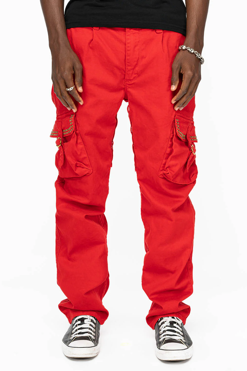 ROBINS NEW MILITARY STYLE CARGO PANTS IN RED WITH JET BLK CRYSTALS - Image 7
