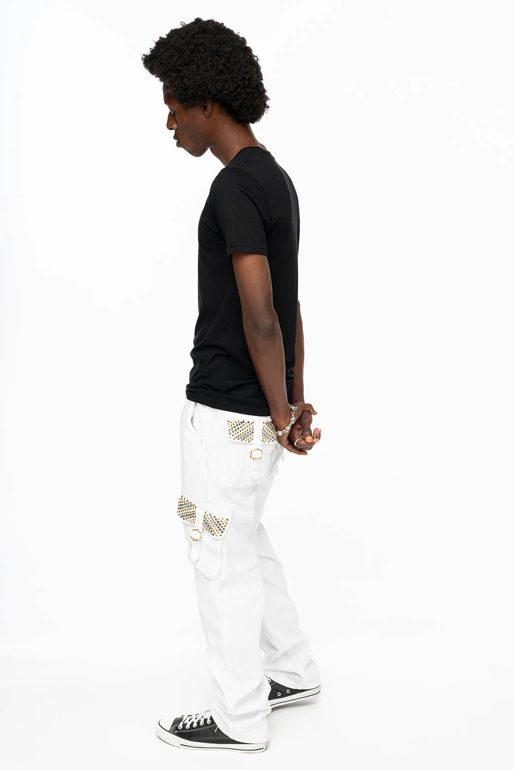 ROBINS NEW MILITARY STYLE CARGO PANTS IN WHITE WITH BLK DIAMOND AND AURUM CRYSTALS - Image 3