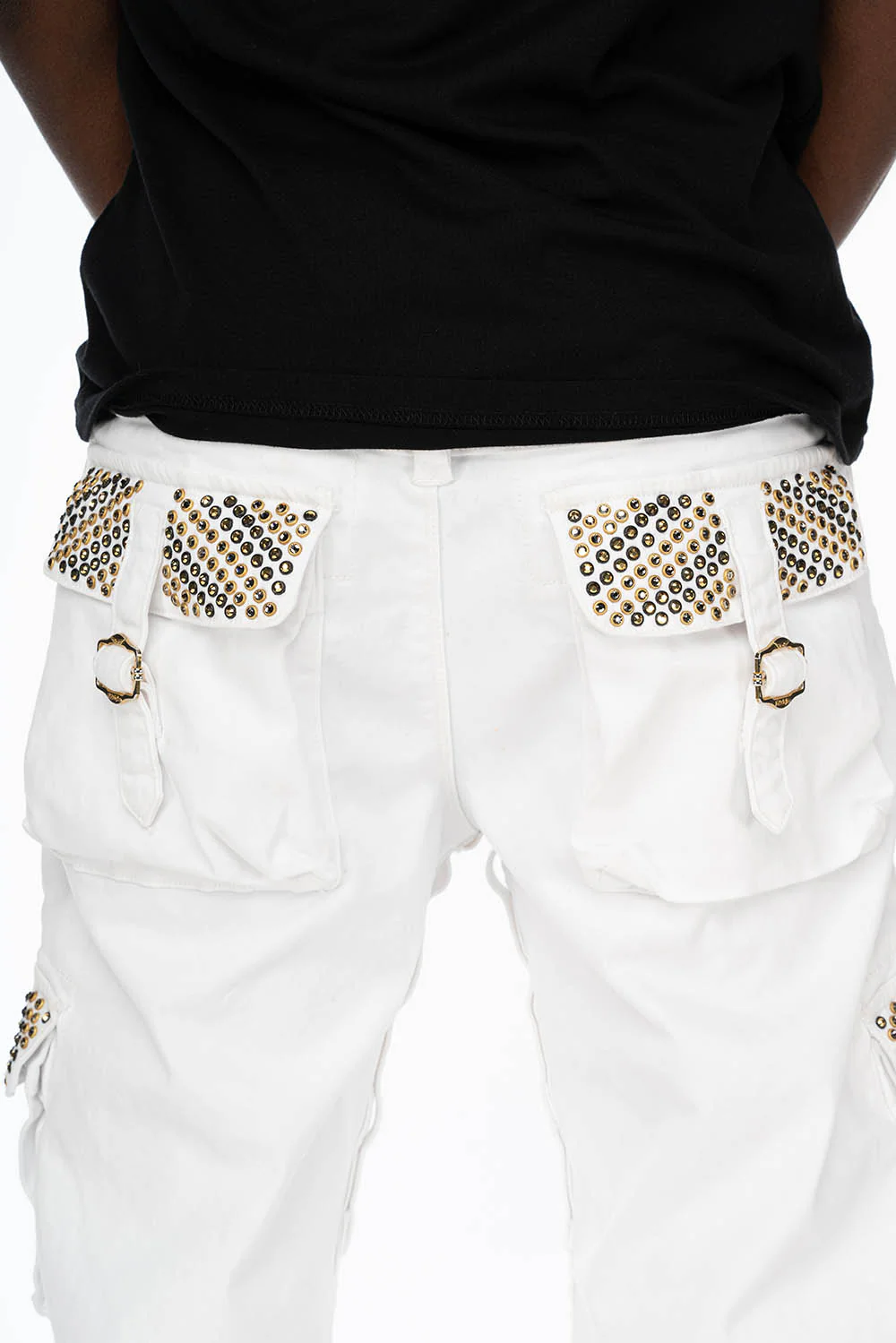 ROBINS NEW MILITARY STYLE CARGO PANTS IN WHITE WITH BLK DIAMOND AND AURUM CRYSTALS - Image 4