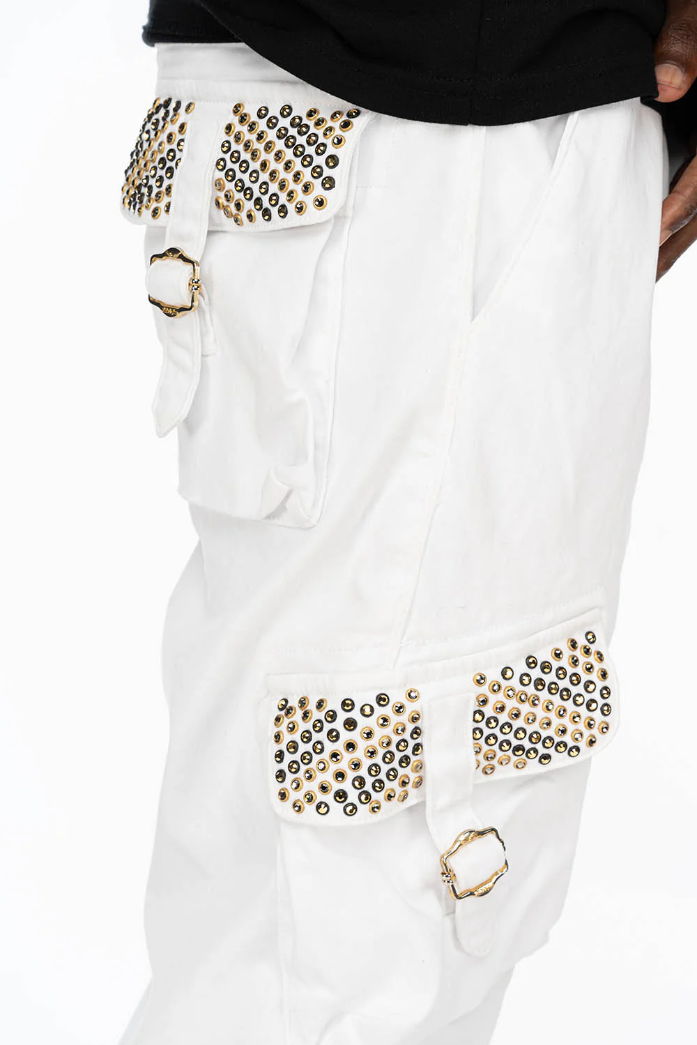 ROBINS NEW MILITARY STYLE CARGO PANTS IN WHITE WITH BLK DIAMOND AND AURUM CRYSTALS - Image 5