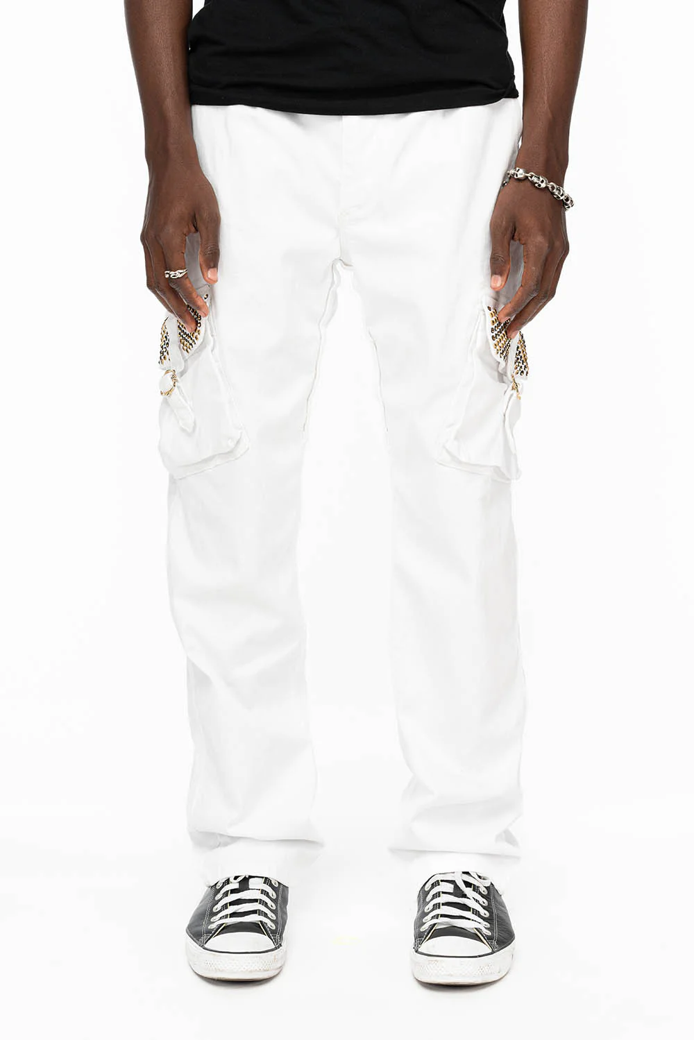 ROBINS NEW MILITARY STYLE CARGO PANTS IN WHITE WITH BLK DIAMOND AND AURUM CRYSTALS - Image 6