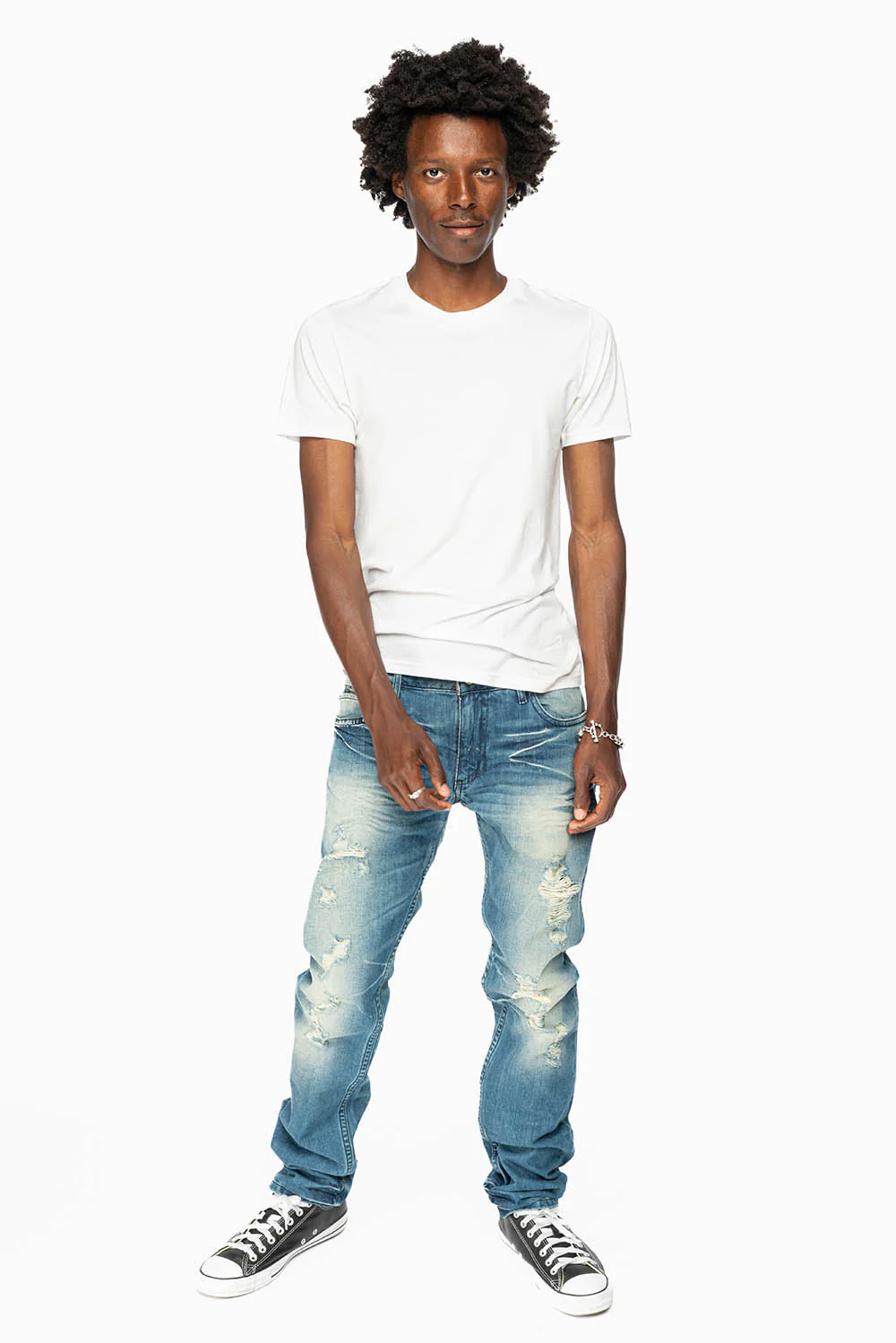 ROBINS RED LABEL LONG FLAP SLIM JEANS IN MEDIUM BLUE BROKEN WASH - Image 4