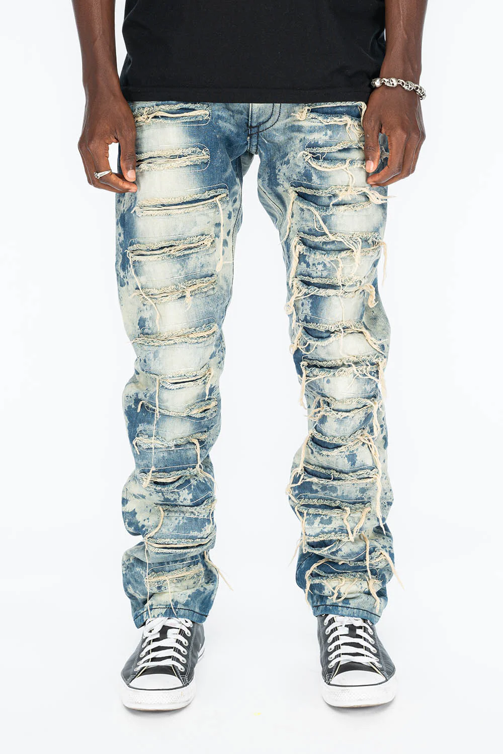 VINTAGE DISTRESSED & REPAIRED JEANS WITH BACK POCKET CRYSTALS IN BLUE CHEROKEE WASH - Image 4