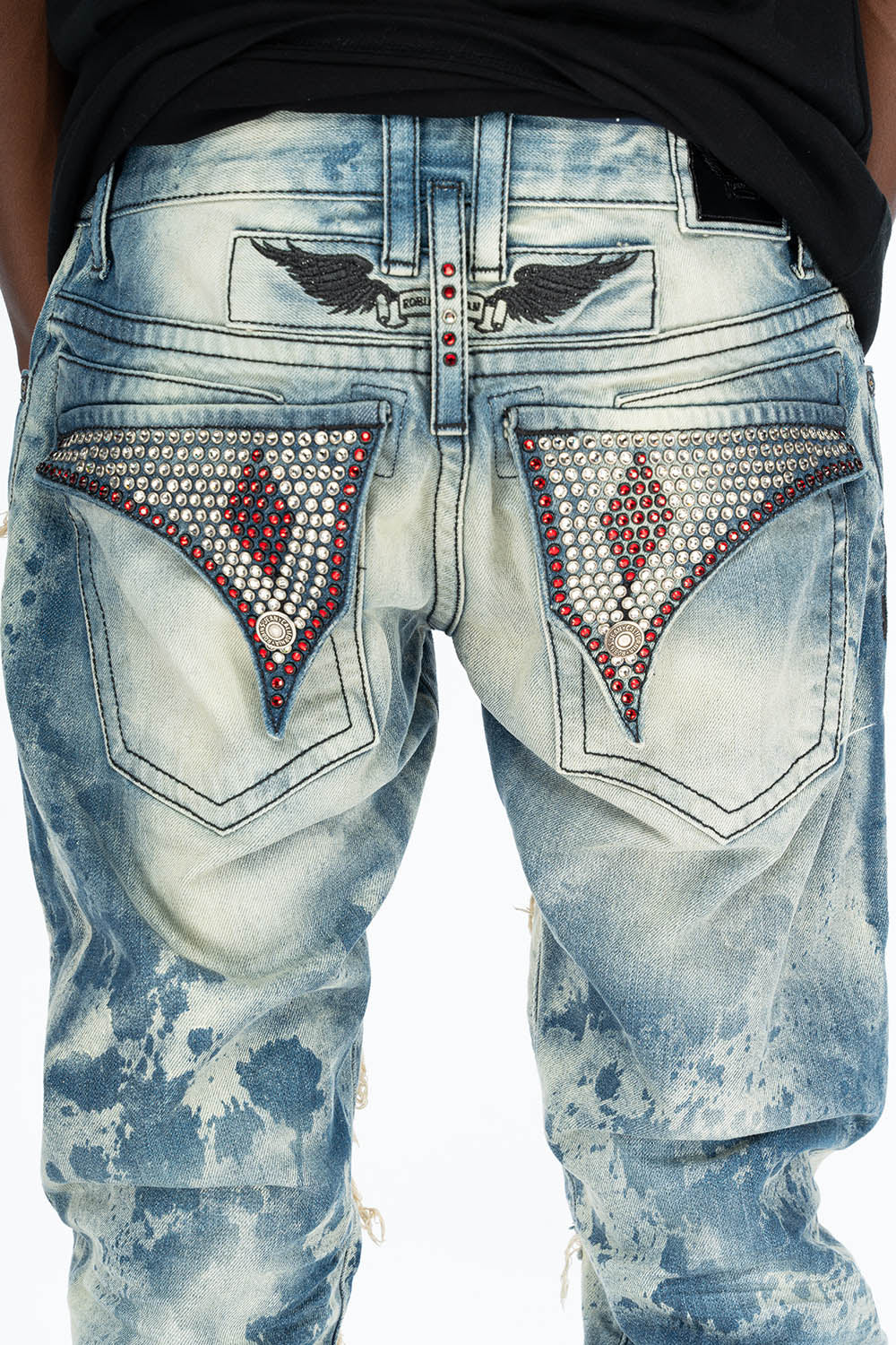 VINTAGE DISTRESSED & REPAIRED JEANS WITH BACK POCKET CRYSTALS IN BLUE CHEROKEE WASH - Image 5