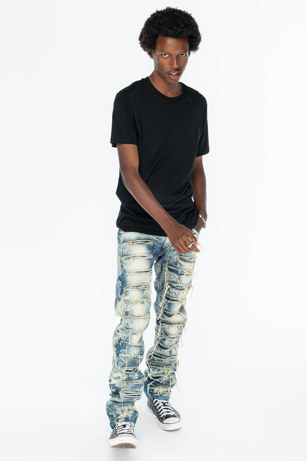 VINTAGE DISTRESSED & REPAIRED JEANS WITH BACK POCKET CRYSTALS IN BLUE CHEROKEE WASH - Image 6