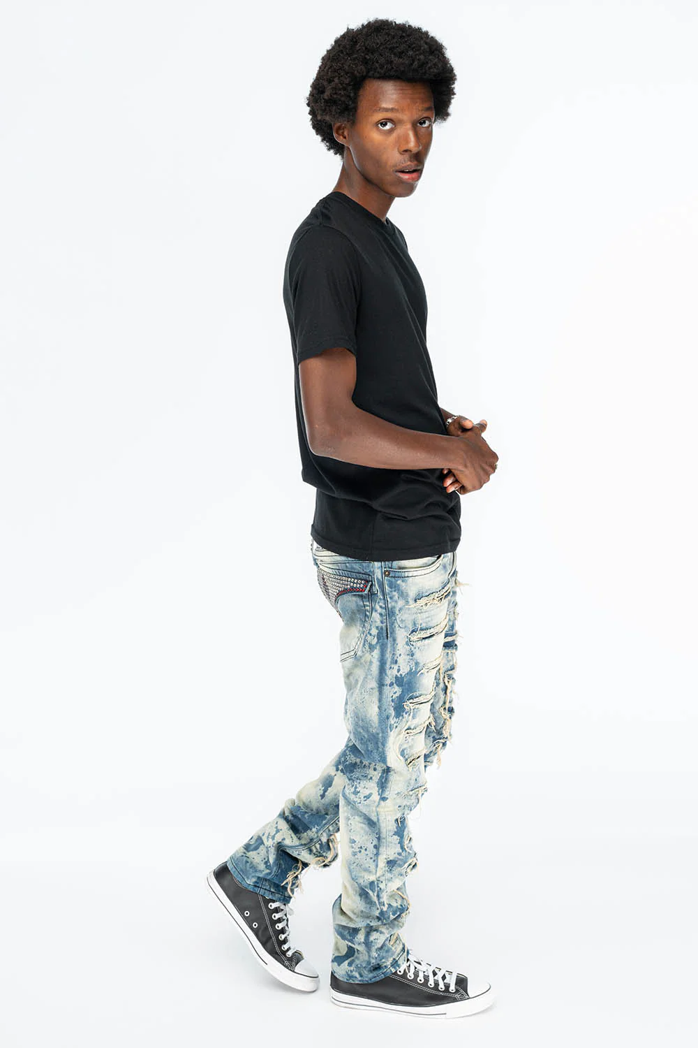 VINTAGE DISTRESSED & REPAIRED JEANS WITH BACK POCKET CRYSTALS IN BLUE CHEROKEE WASH - Image 7