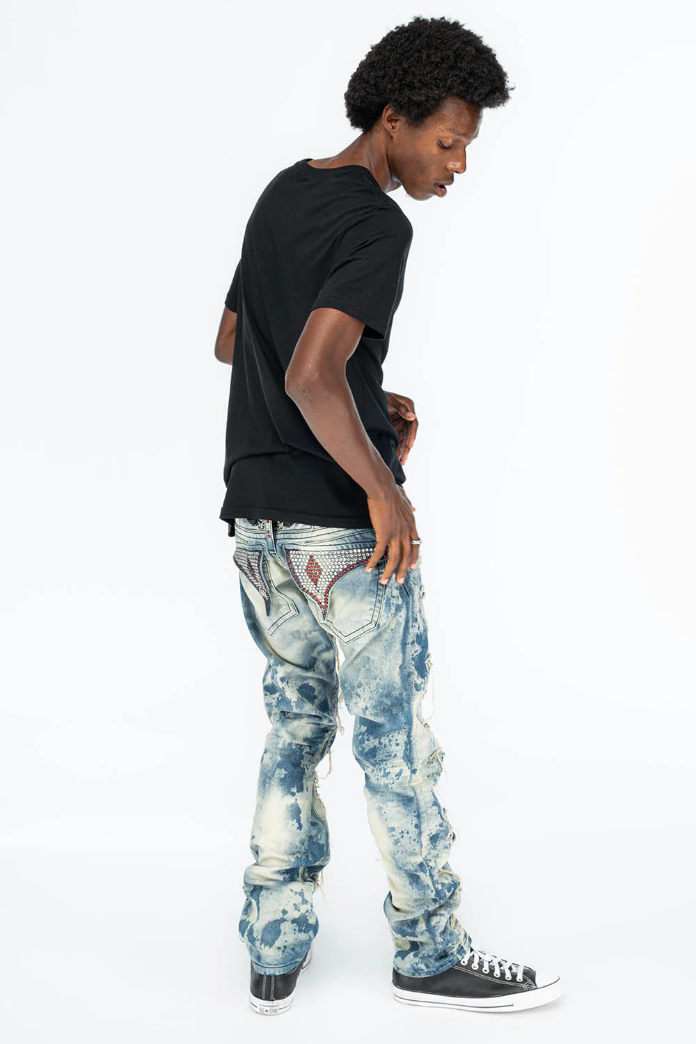 VINTAGE DISTRESSED & REPAIRED JEANS WITH BACK POCKET CRYSTALS IN BLUE CHEROKEE WASH - Image 8