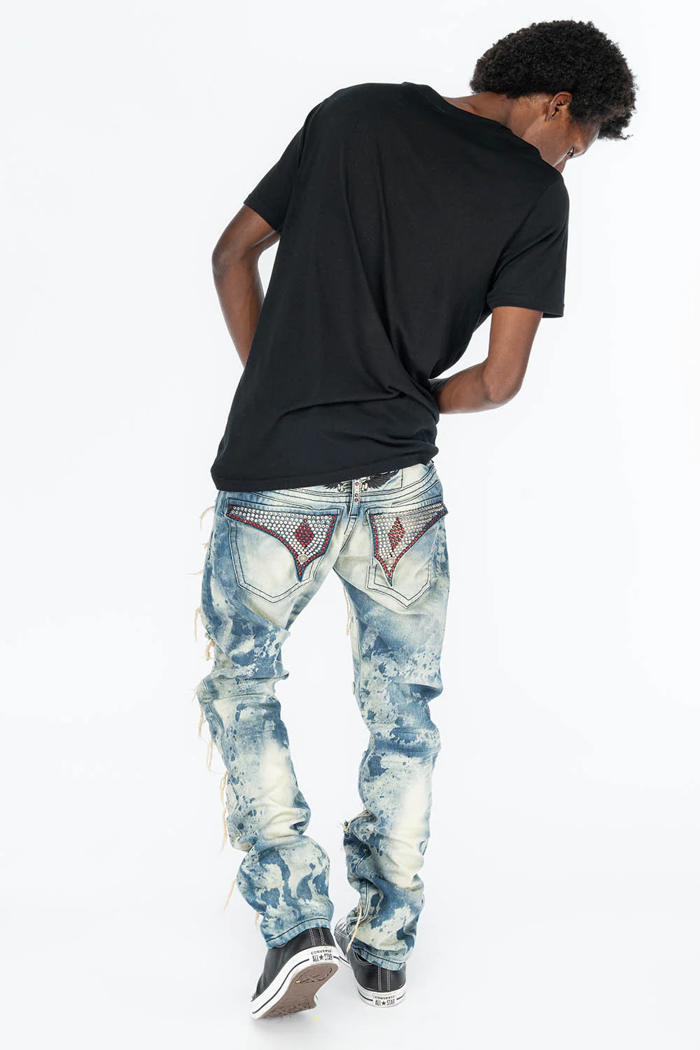 VINTAGE DISTRESSED & REPAIRED JEANS WITH BACK POCKET CRYSTALS IN BLUE CHEROKEE WASH - Image 9