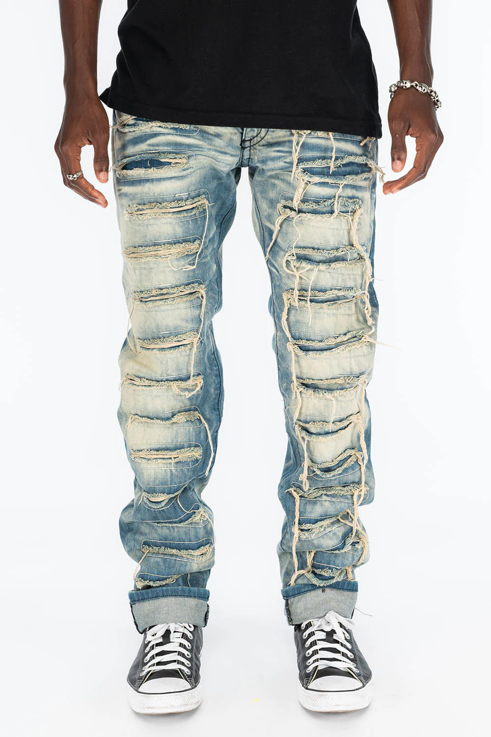 VINTAGE RIPPED,DISTRESSED & REPAIRED JEANS WITH BACK POCKET CRYSTALS IN OMAHA WASH - Image 3