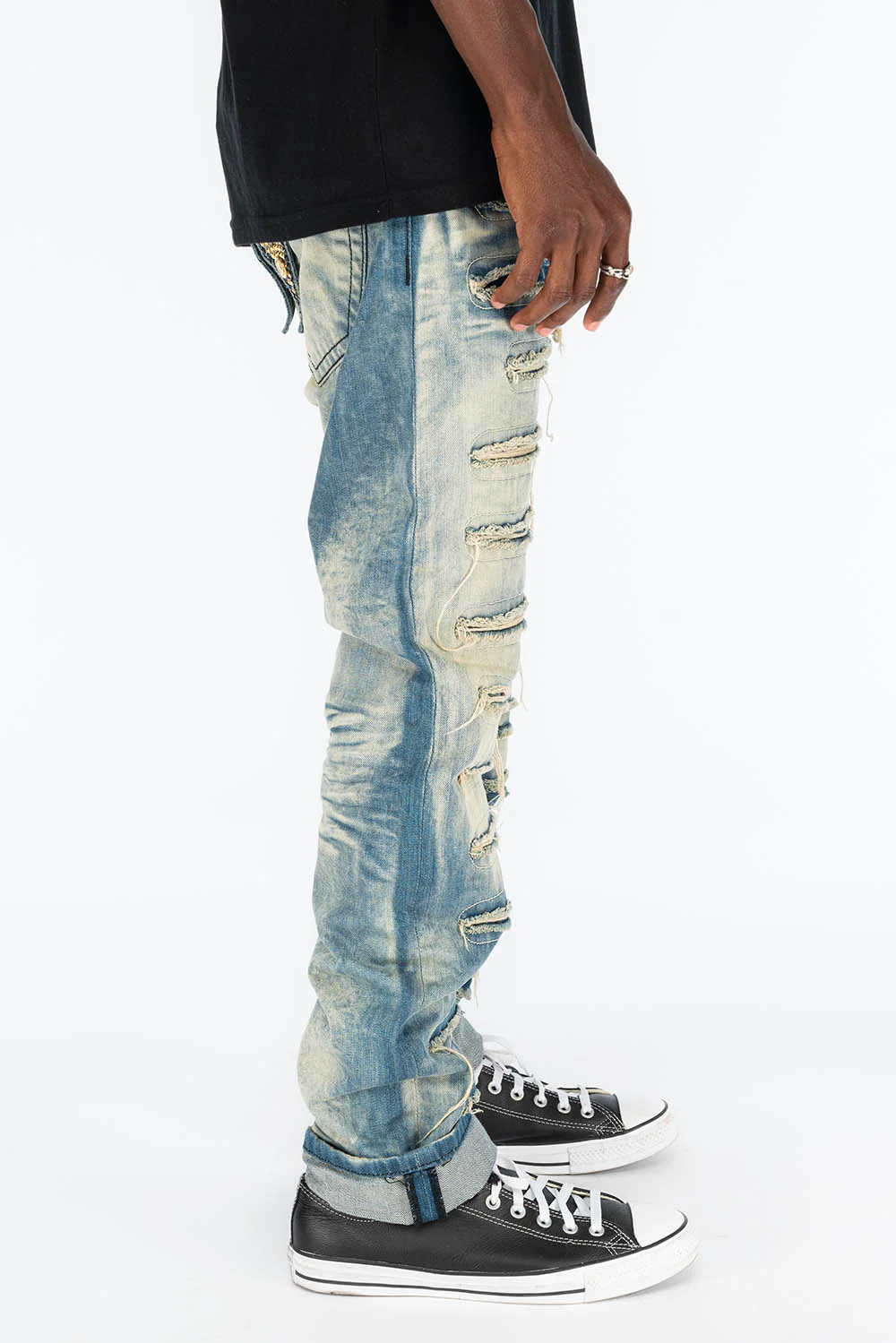 VINTAGE RIPPED,DISTRESSED & REPAIRED JEANS WITH BACK POCKET CRYSTALS IN OMAHA WASH - Image 4