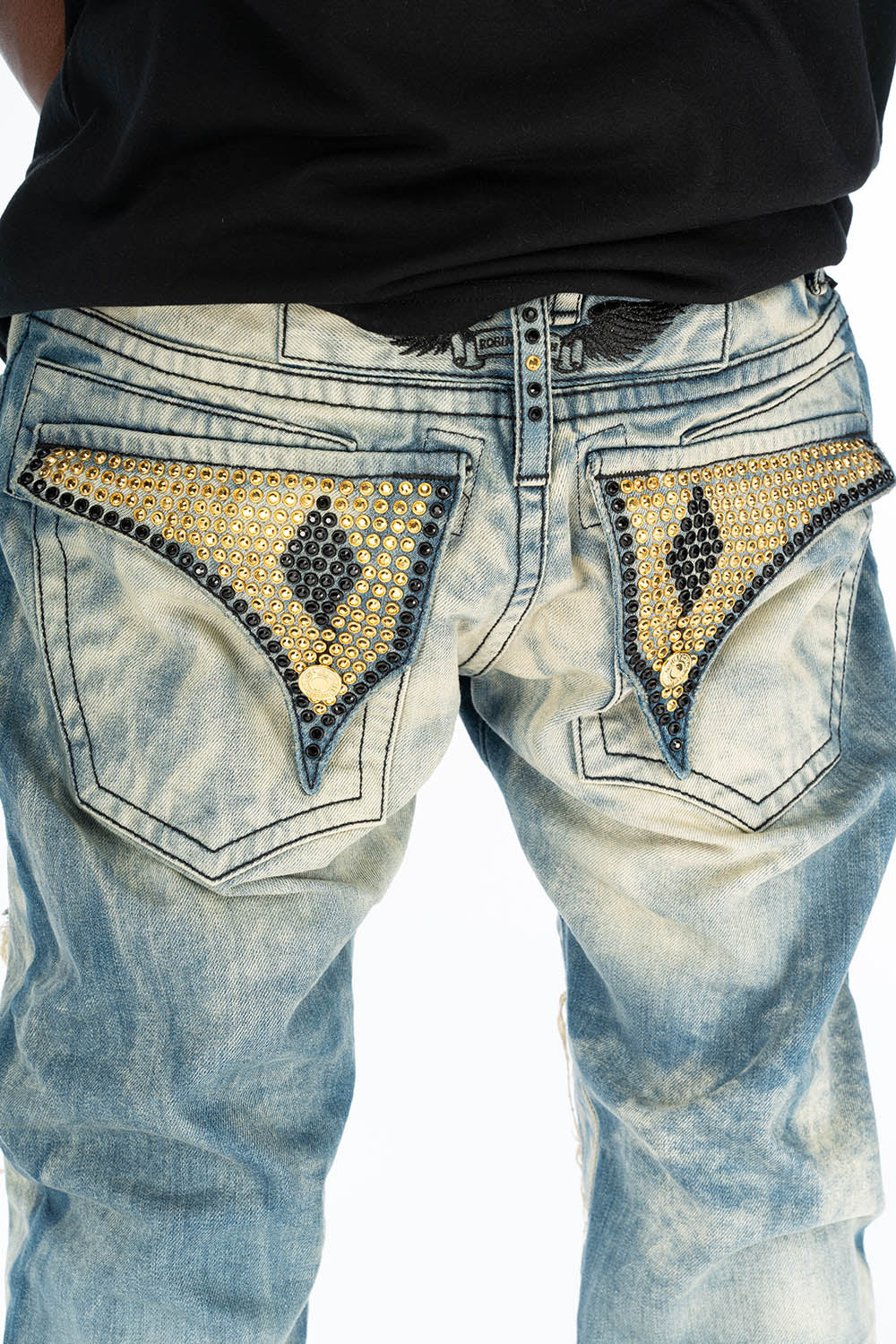 VINTAGE RIPPED,DISTRESSED & REPAIRED JEANS WITH BACK POCKET CRYSTALS IN OMAHA WASH - Image 5
