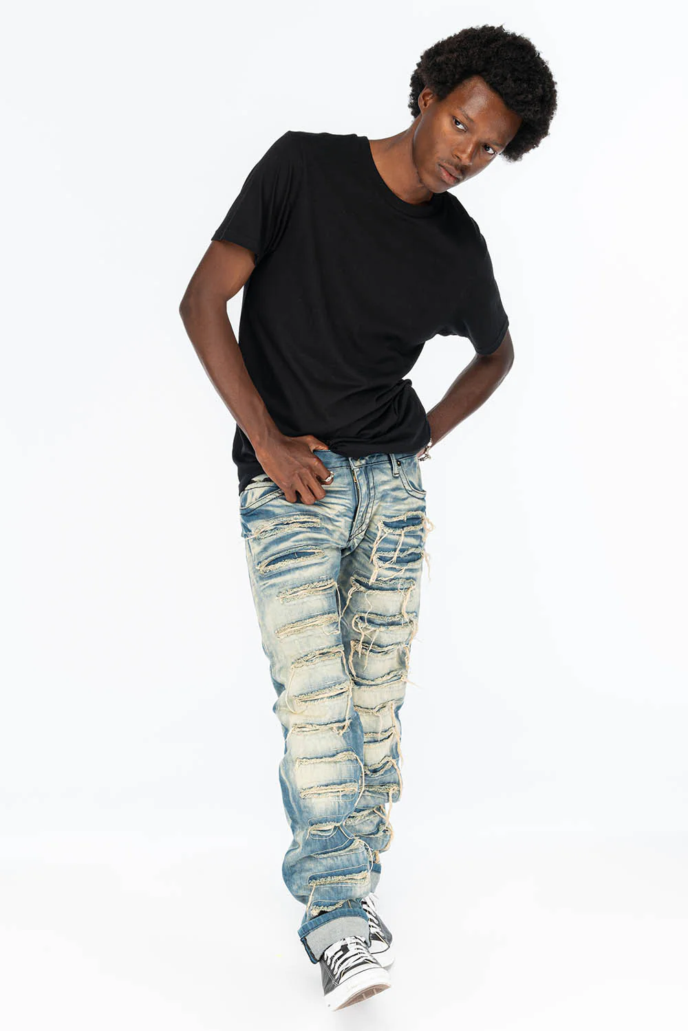 VINTAGE RIPPED,DISTRESSED & REPAIRED JEANS WITH BACK POCKET CRYSTALS IN OMAHA WASH - Image 6