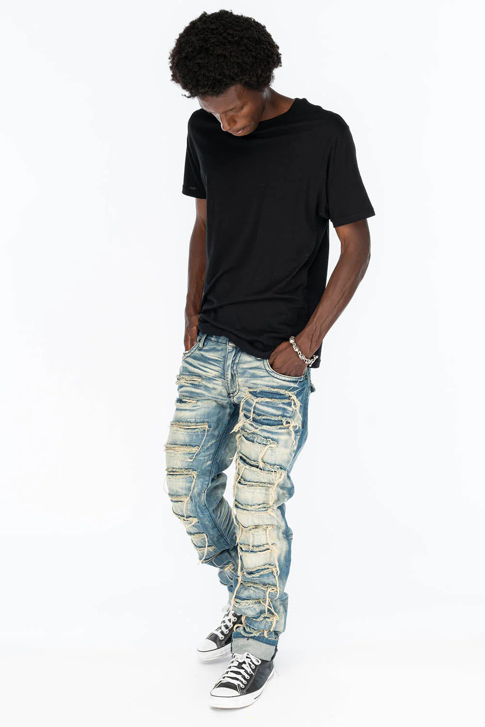 VINTAGE RIPPED,DISTRESSED & REPAIRED JEANS WITH BACK POCKET CRYSTALS IN OMAHA WASH - Image 7