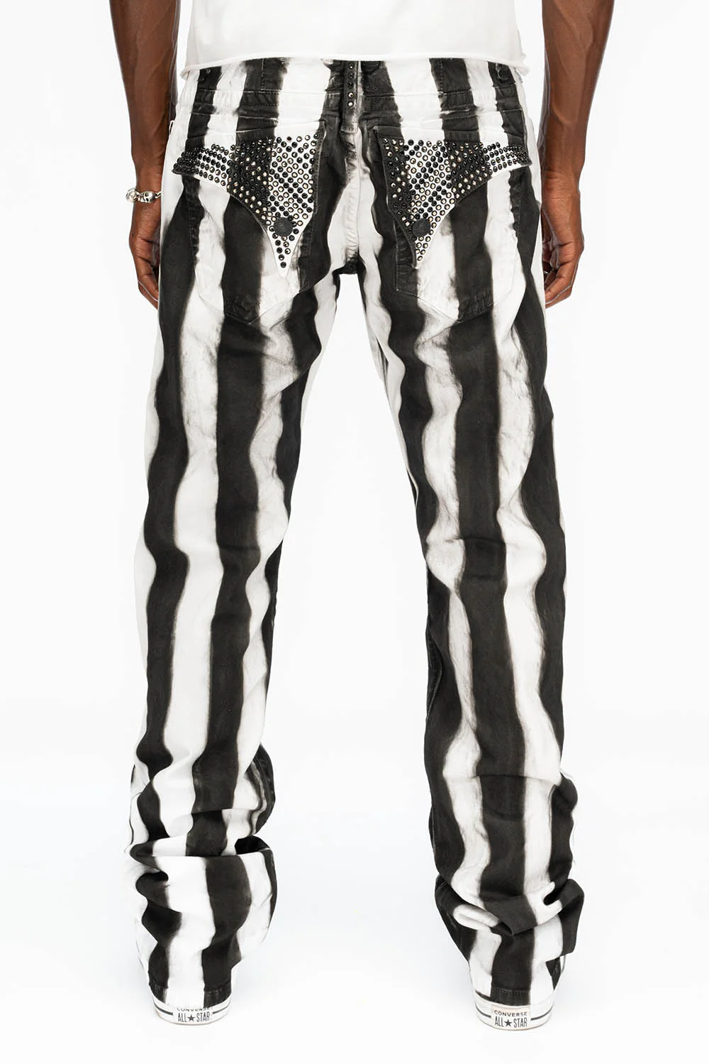 MENS CLASSIC STRAIGHT LEG LONG FLAP JEANS IN PRISONER BLACK AND WHITE WITH CRYSTALS - Image 3