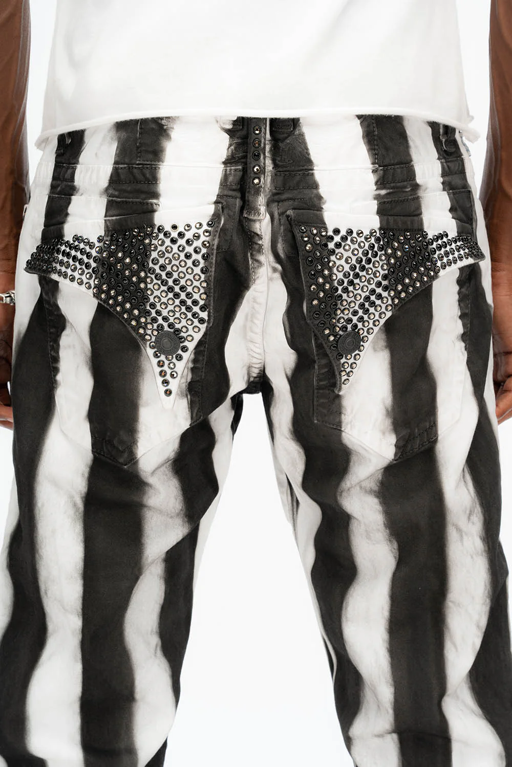 MENS CLASSIC STRAIGHT LEG LONG FLAP JEANS IN PRISONER BLACK AND WHITE WITH CRYSTALS - Image 4