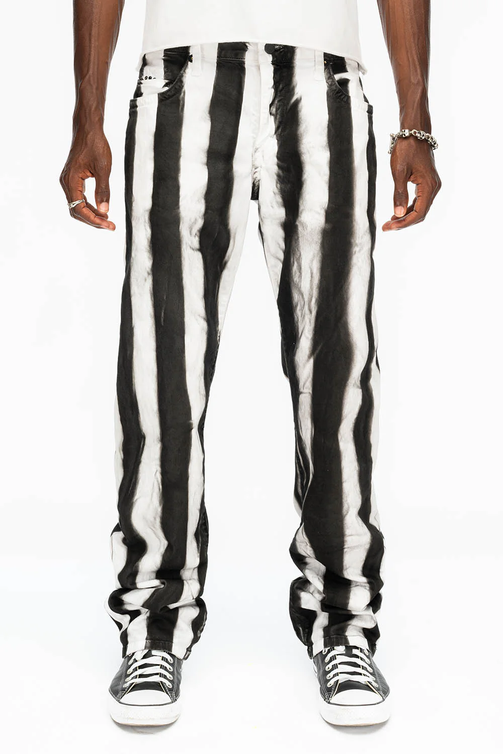 MENS CLASSIC STRAIGHT LEG LONG FLAP JEANS IN PRISONER BLACK AND WHITE WITH CRYSTALS - Image 5