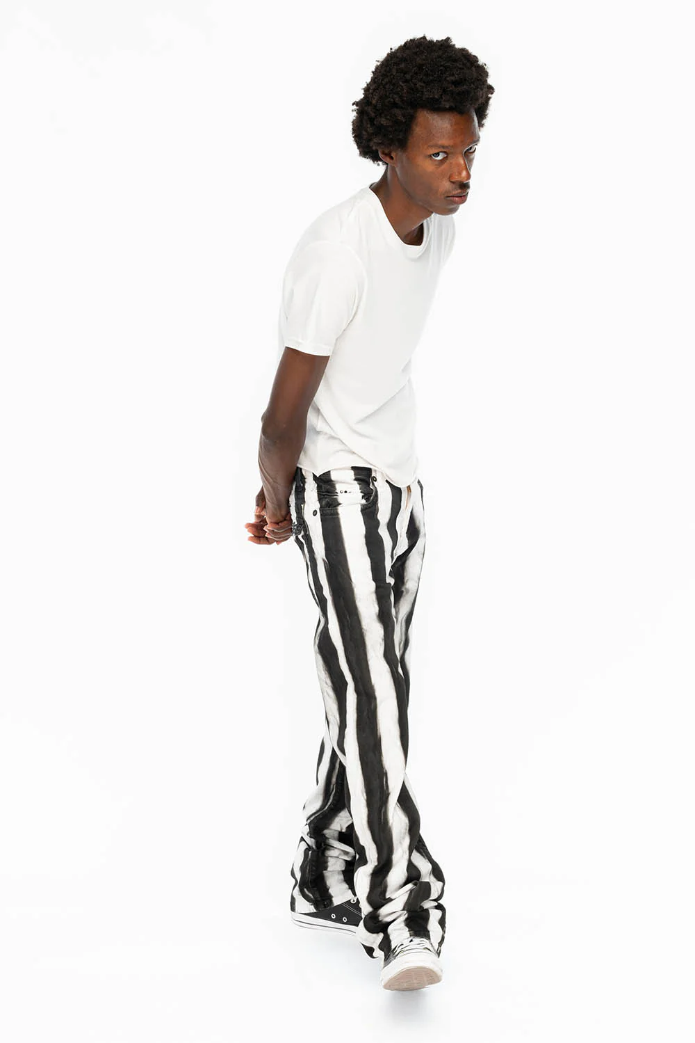 MENS CLASSIC STRAIGHT LEG LONG FLAP JEANS IN PRISONER BLACK AND WHITE WITH CRYSTALS - Image 7