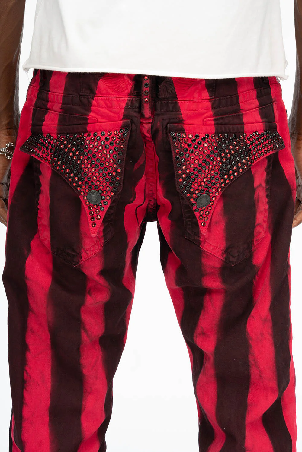 MENS CLASSIC STRAIGHT LEG LONG FLAP JEANS IN PRISONER BLACK AND RED WITH CRYSTALS - Image 3