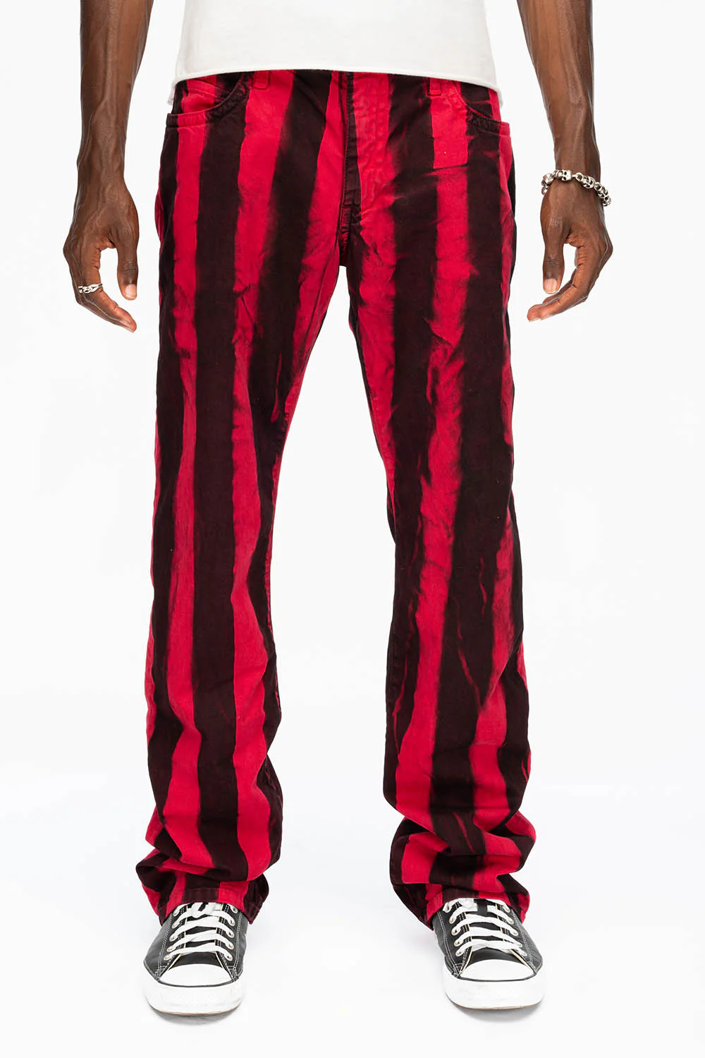 MENS CLASSIC STRAIGHT LEG LONG FLAP JEANS IN PRISONER BLACK AND RED WITH CRYSTALS - Image 4