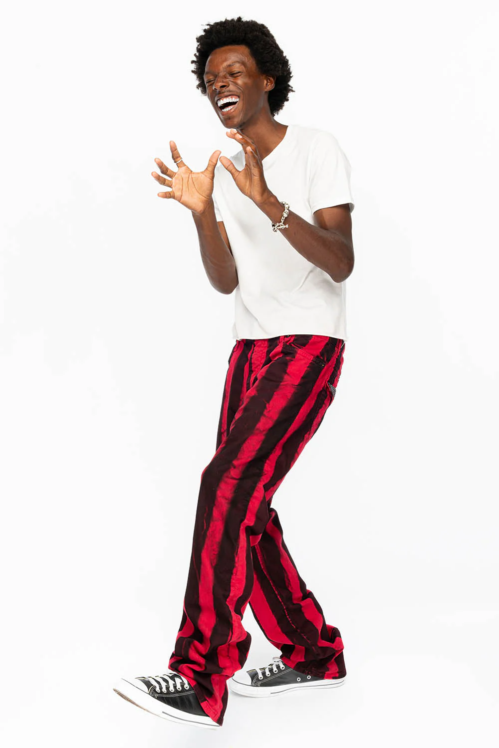 MENS CLASSIC STRAIGHT LEG LONG FLAP JEANS IN PRISONER BLACK AND RED WITH CRYSTALS - Image 5