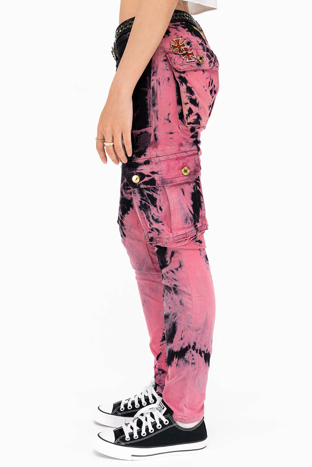ZIPPER-MILITARY STYLE WOMENS CARGO PANTS IN TIE DYE PINK - Image 3