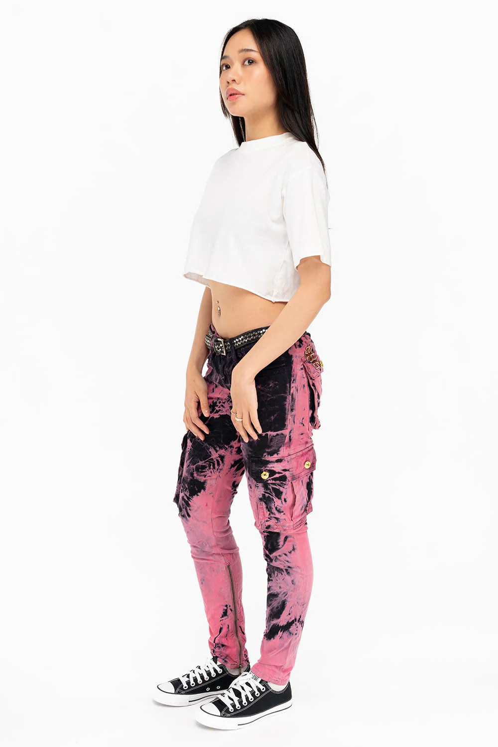 ZIPPER-MILITARY STYLE WOMENS CARGO PANTS IN TIE DYE PINK - Image 6