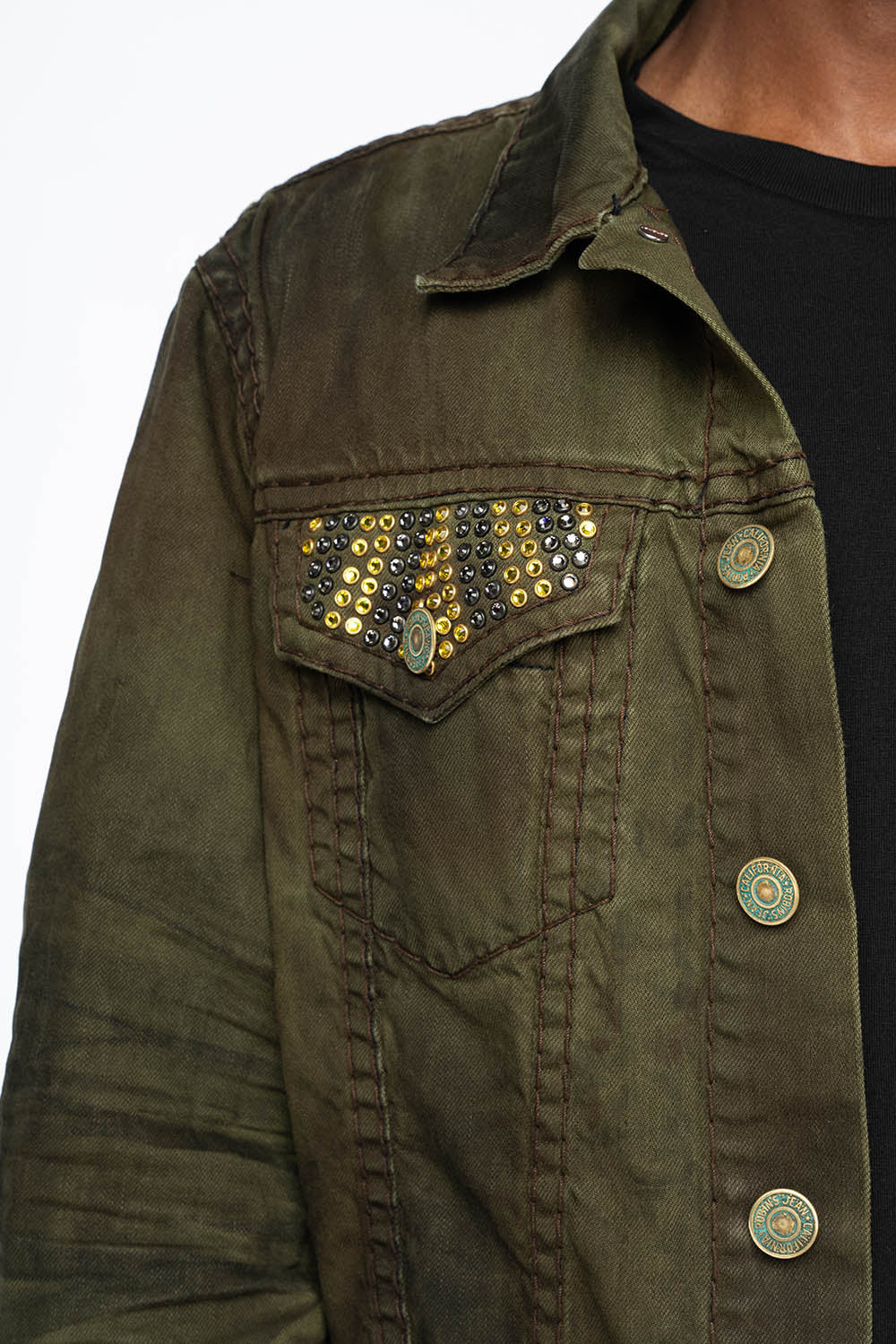 VINTAGE FASHION GREEN JEAN JKT WITH BROWN CONTRAST STICH WITH CRYSTALS - Image 3