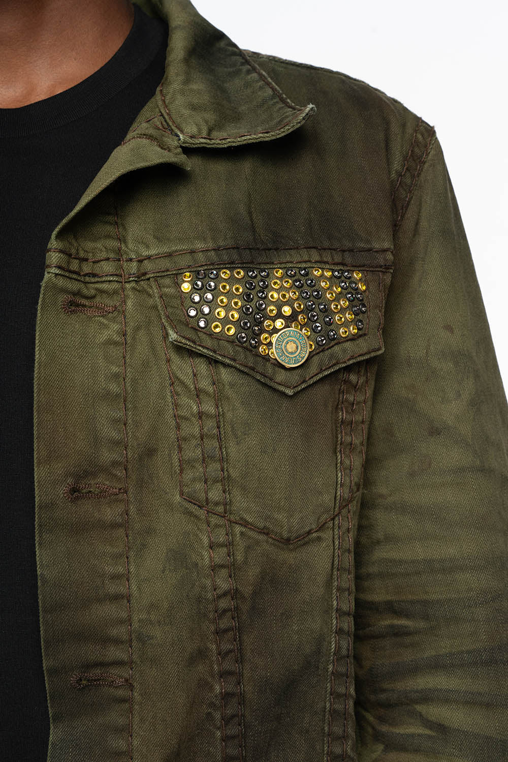 VINTAGE FASHION GREEN JEAN JKT WITH BROWN CONTRAST STICH WITH CRYSTALS - Image 4