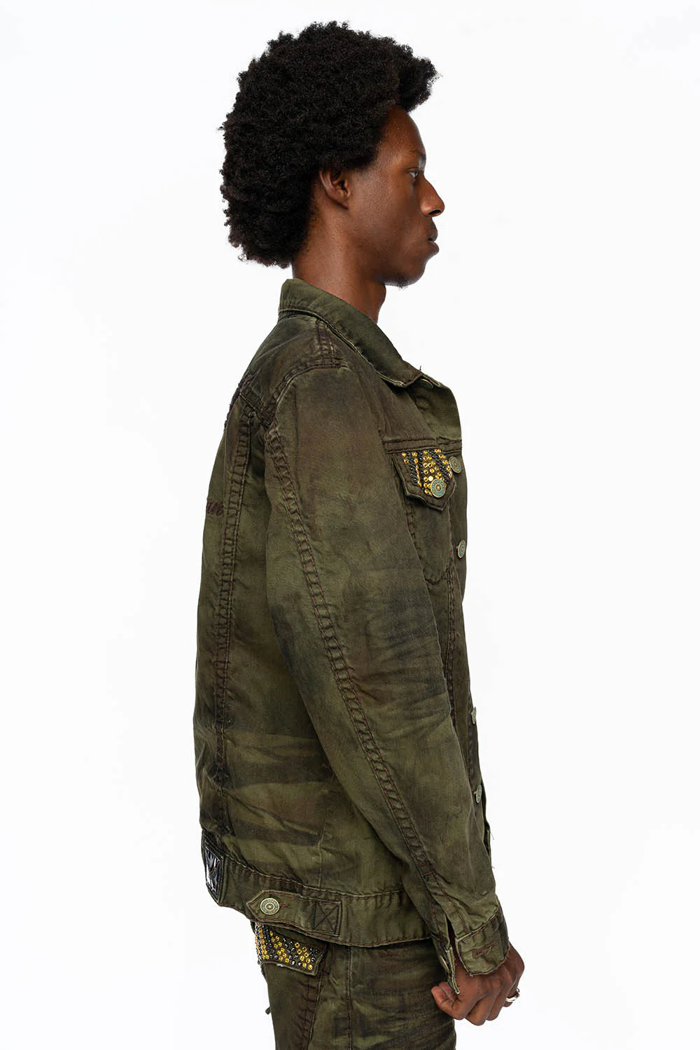 VINTAGE FASHION GREEN JEAN JKT WITH BROWN CONTRAST STICH WITH CRYSTALS - Image 5